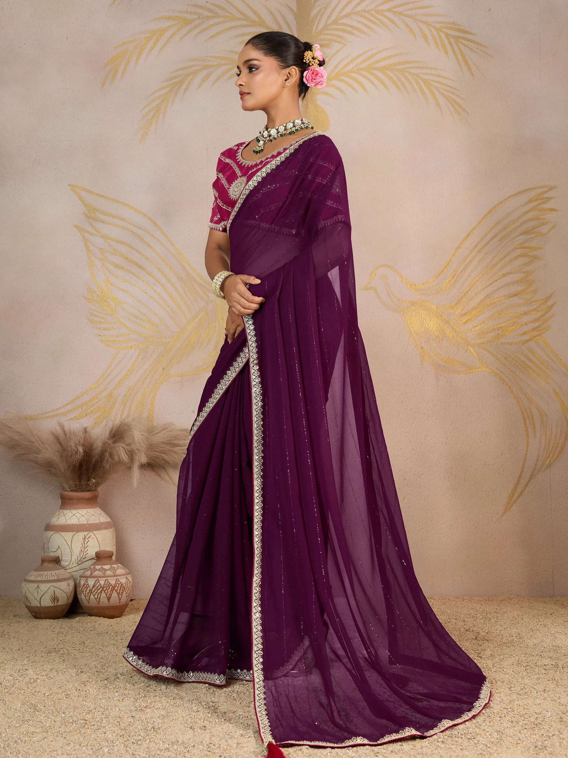 Elegant Purple Embroidered Georgette Function Wear Saree With Blouse