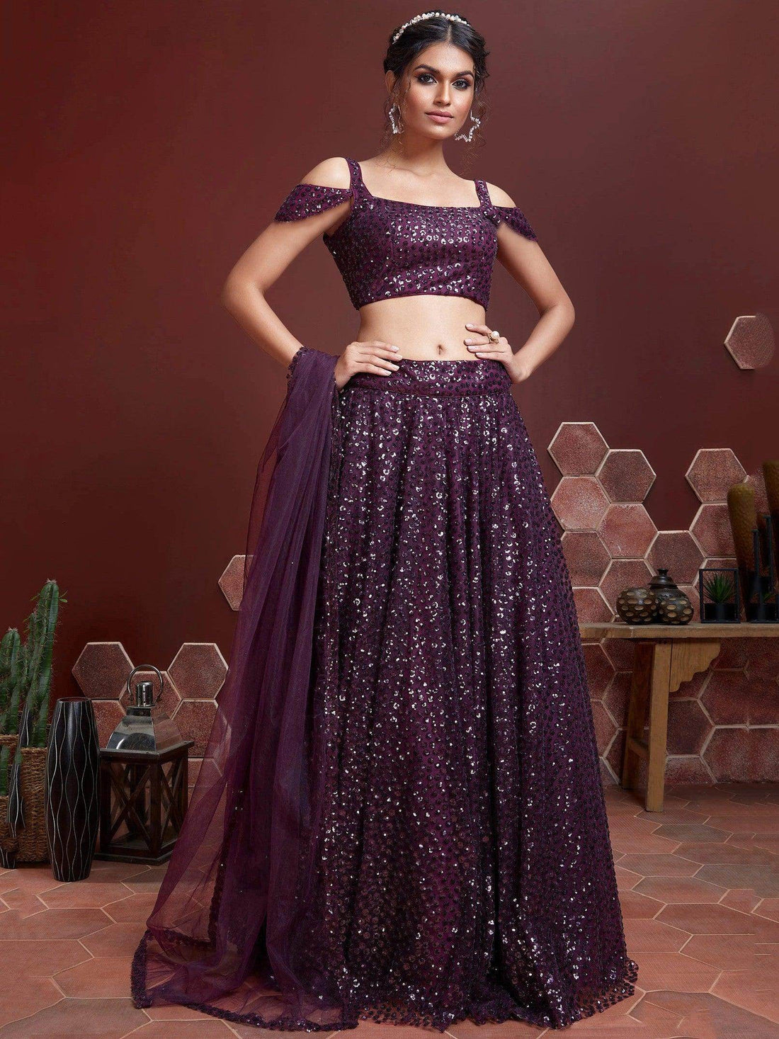 Elegant Purple Sequins Embroidered Net Party Wear Lehenga Choli - Zeel Clothing
