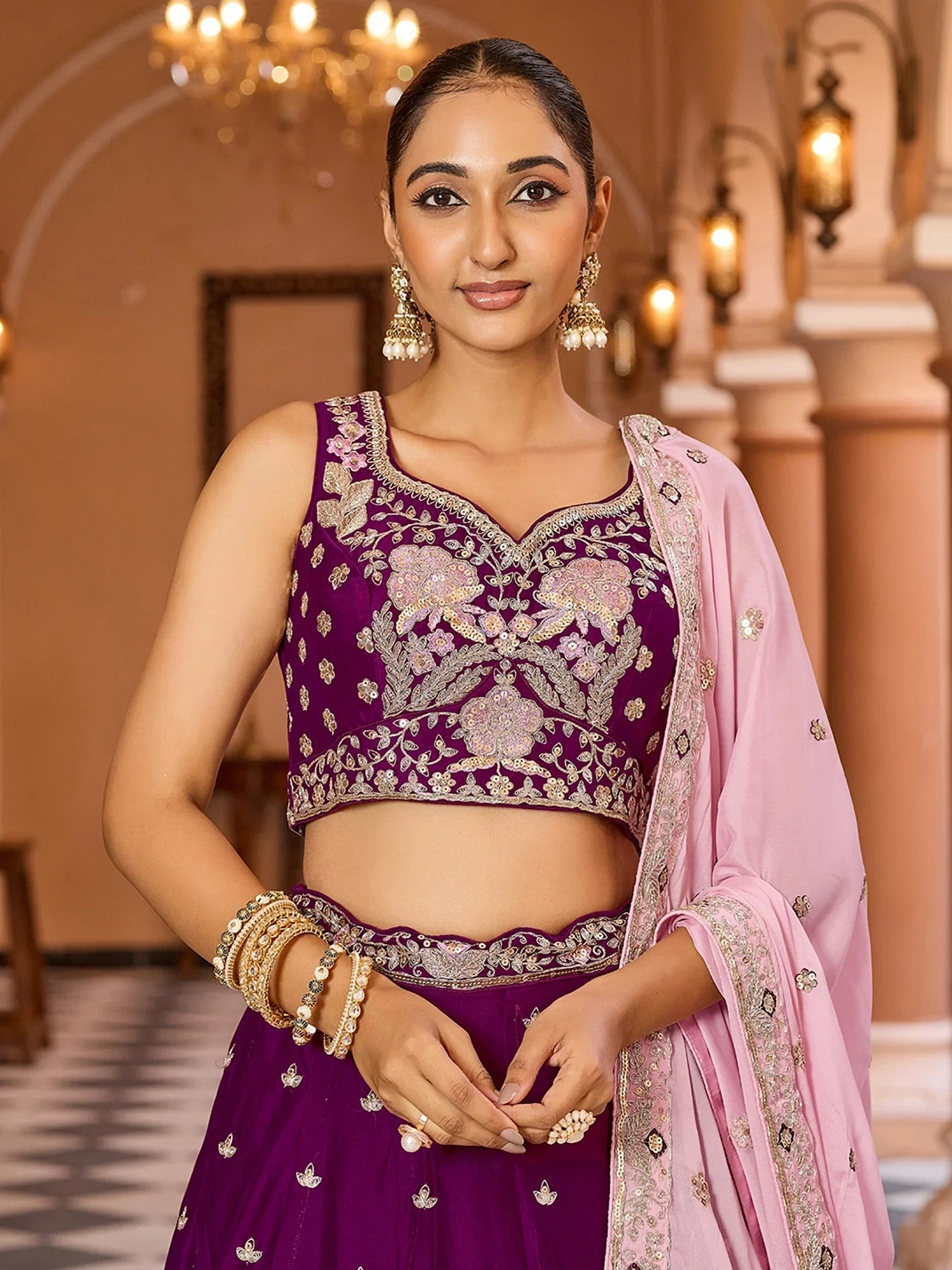 Elegant Purple Sequins Work Georgette Engagement Wear Lehenga Choli With Dupatta