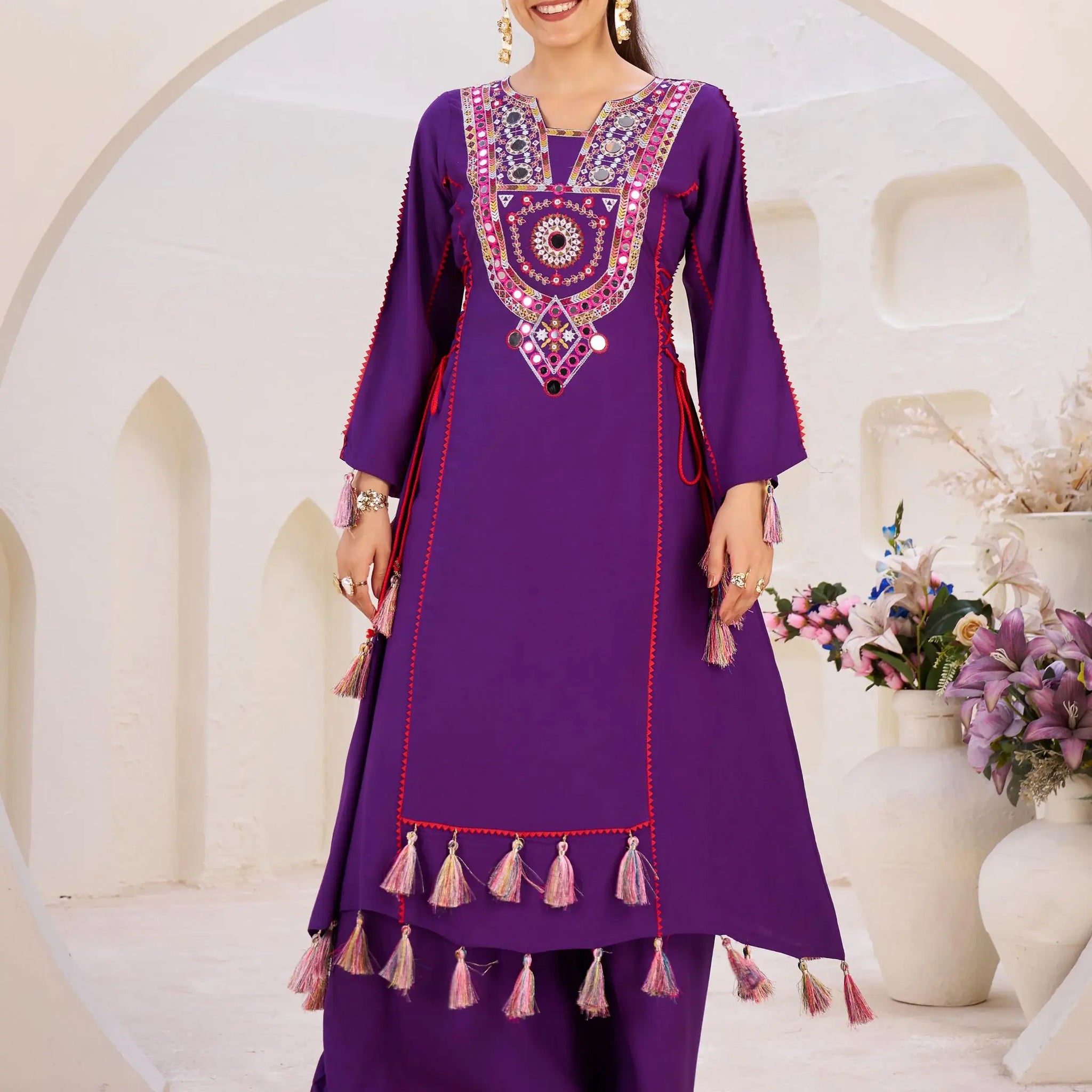 Elegant Purple Thread Embroidered Rayon Festive Wear Co-Ord Set - Zeel Clothing