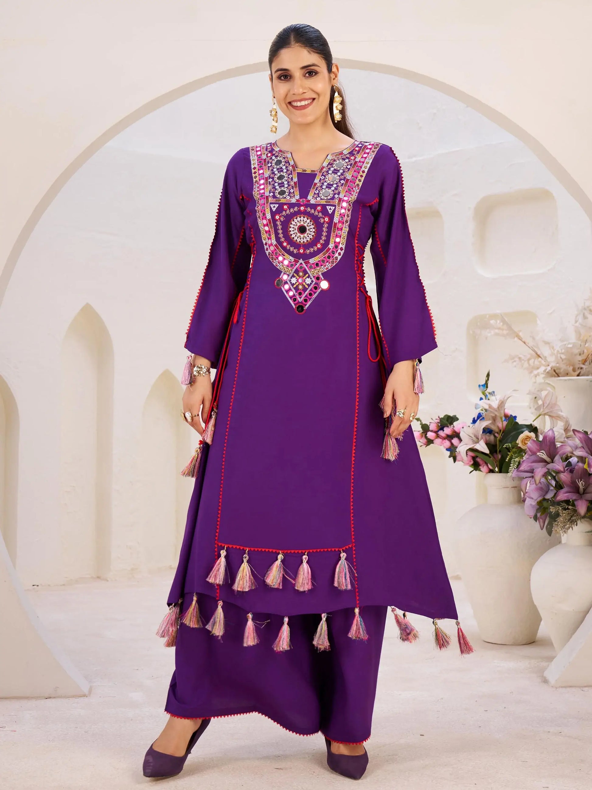 Elegant Purple Thread Embroidered Rayon Festive Wear Co-Ord Set - Zeel Clothing