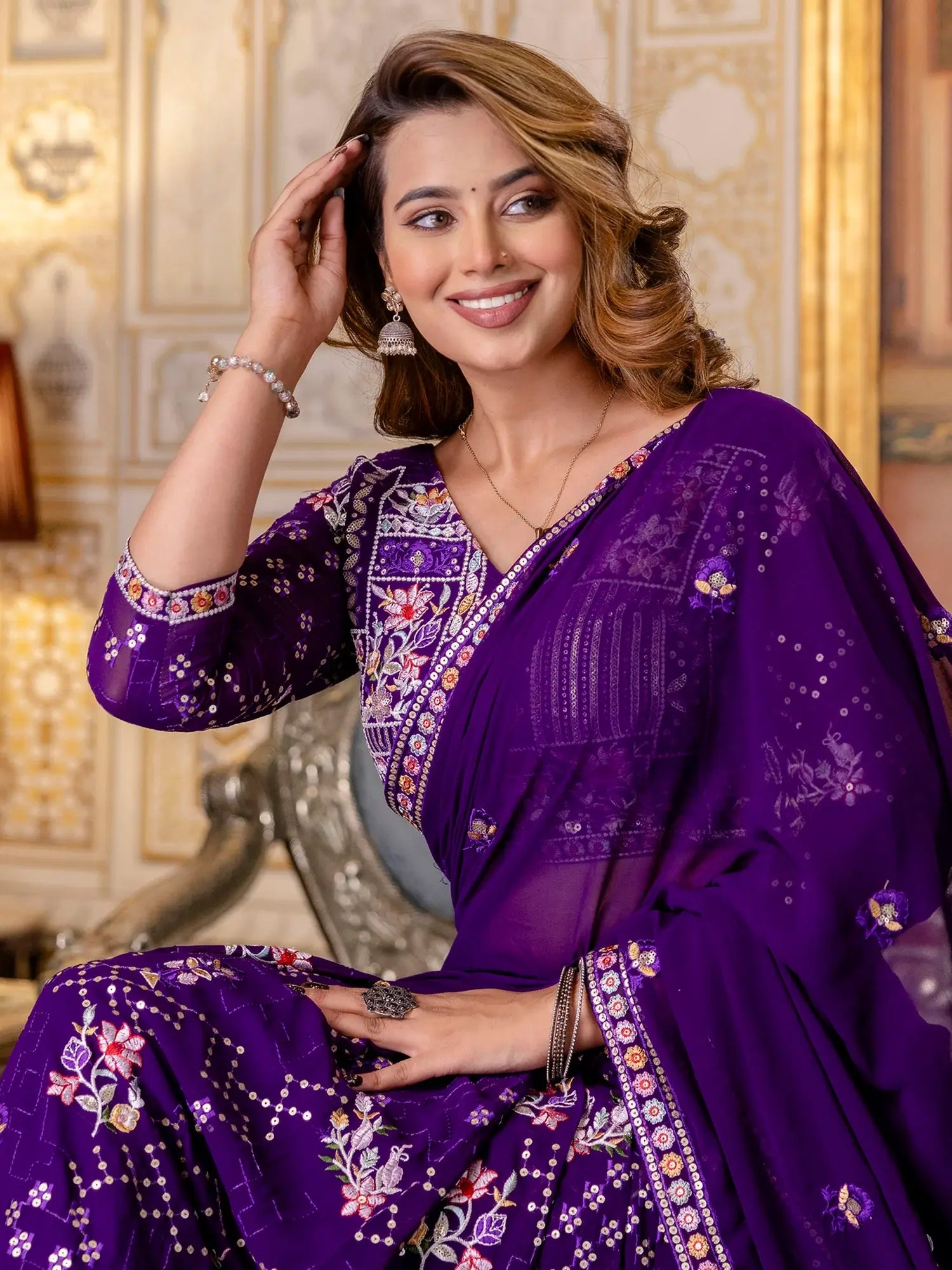 Elegant Purple Thread Work Georgette Lehenga Choli With Dupatta - Zeel Clothing