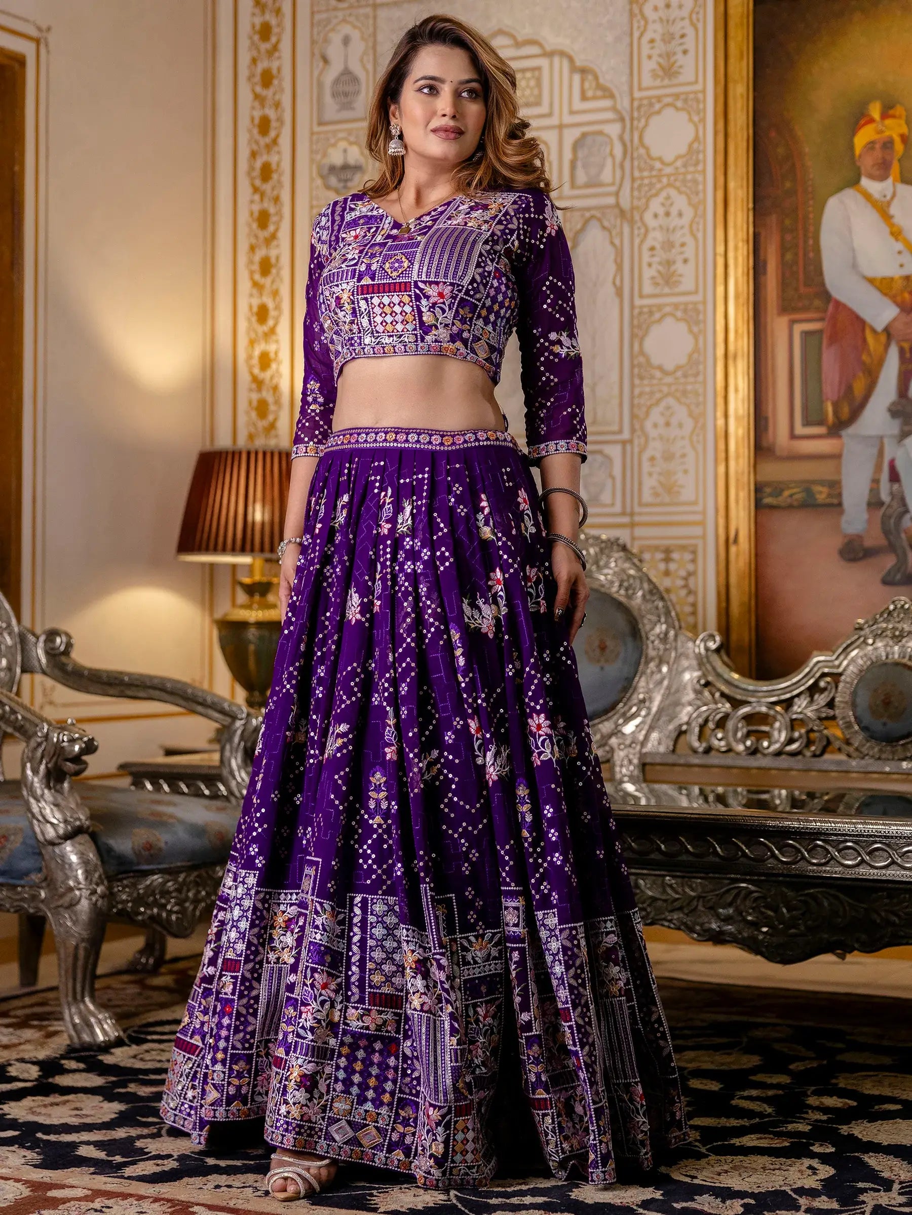 Elegant Purple Thread Work Georgette Lehenga Choli With Dupatta - Zeel Clothing