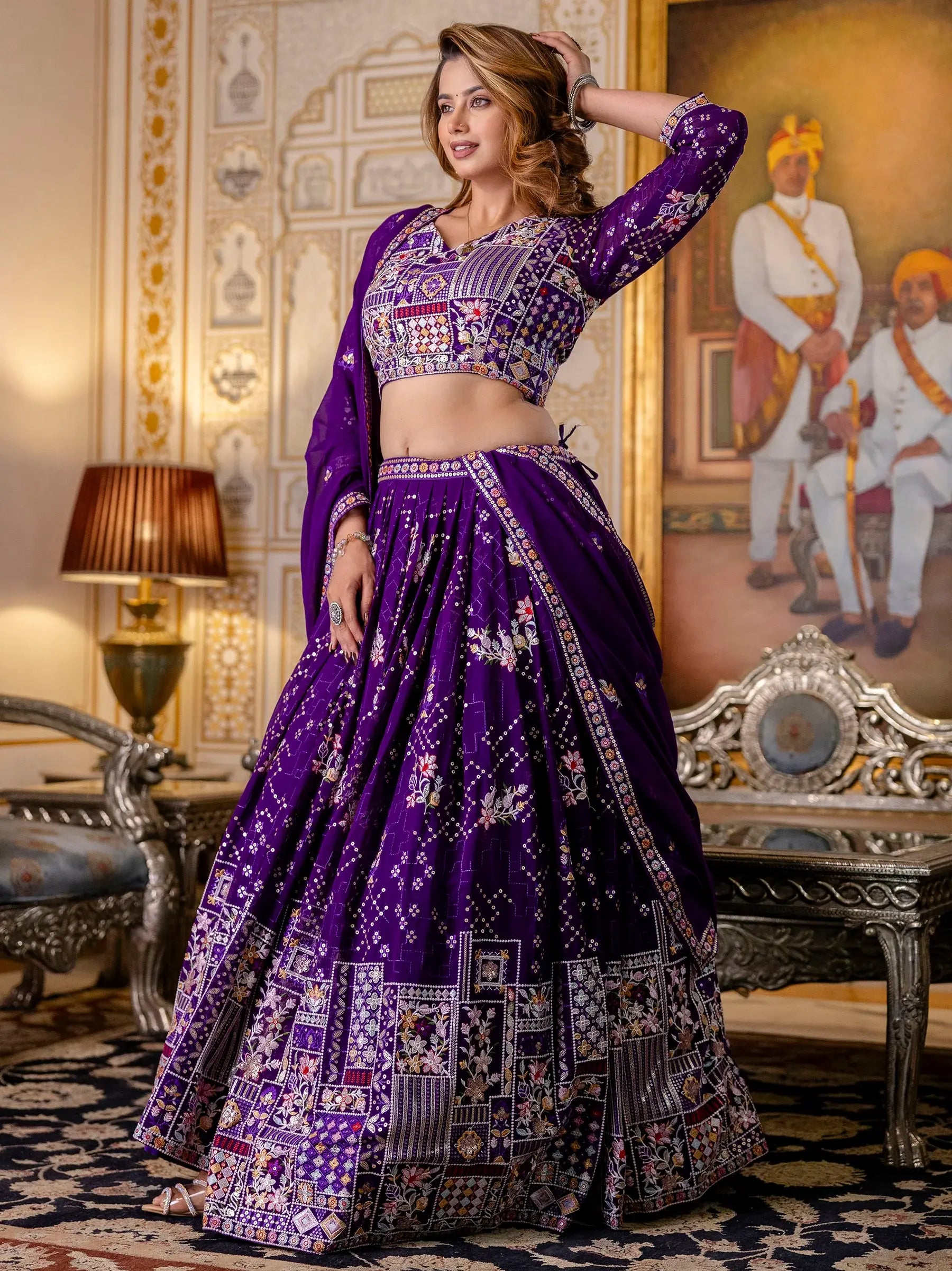 Elegant Purple Thread Work Georgette Lehenga Choli With Dupatta - Zeel Clothing