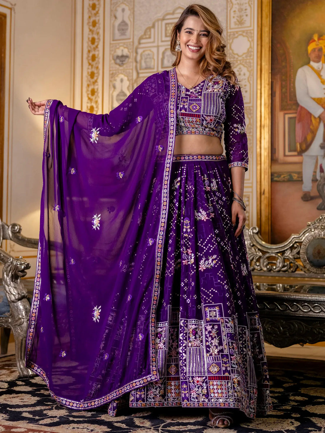 Elegant Purple Thread Work Georgette Lehenga Choli With Dupatta - Zeel Clothing