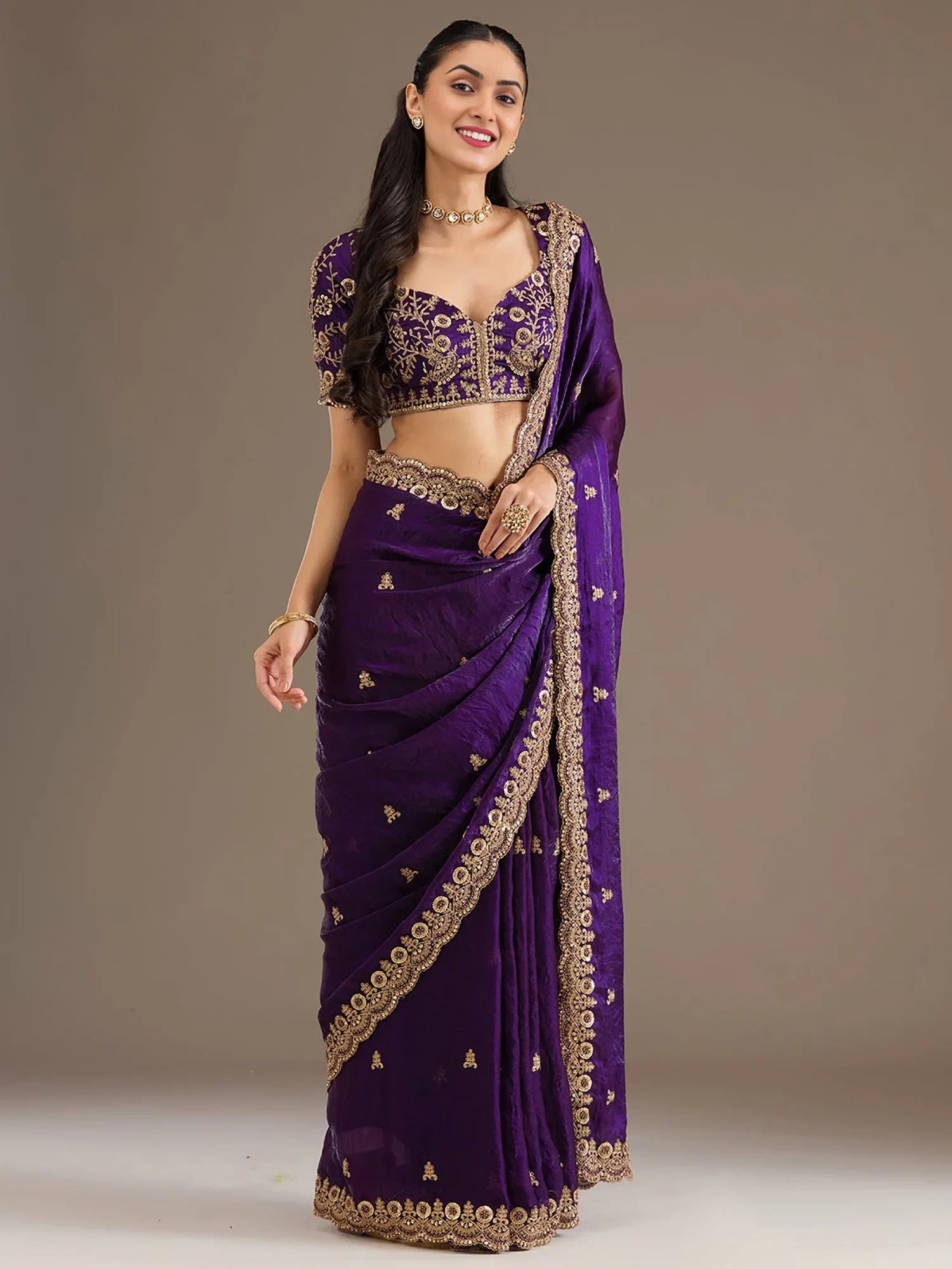 Elegant Purple Thread Work Tissue Wedding Wear Saree With Blouse