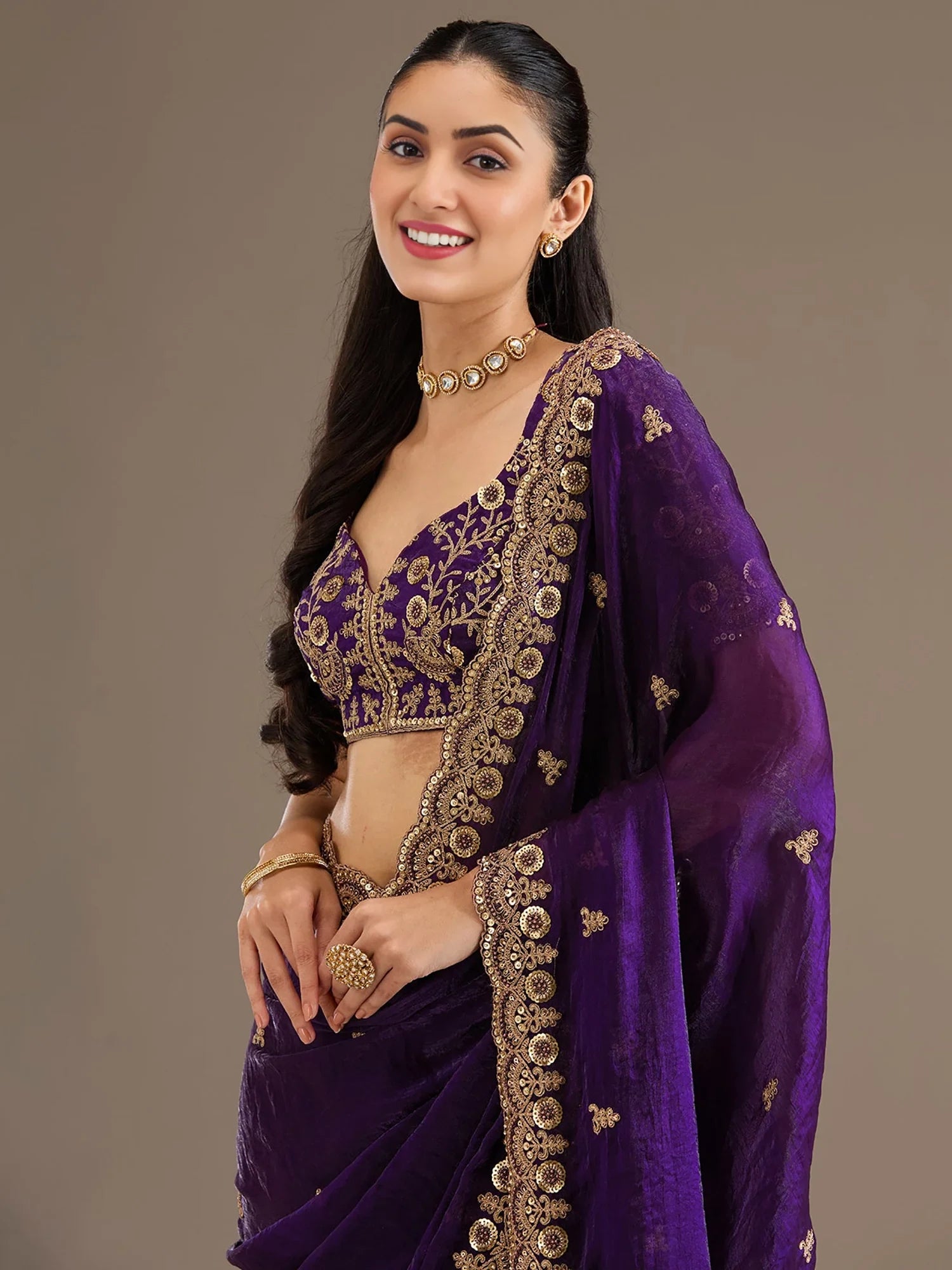 Elegant Purple Thread Work Tissue Wedding Wear Saree With Blouse