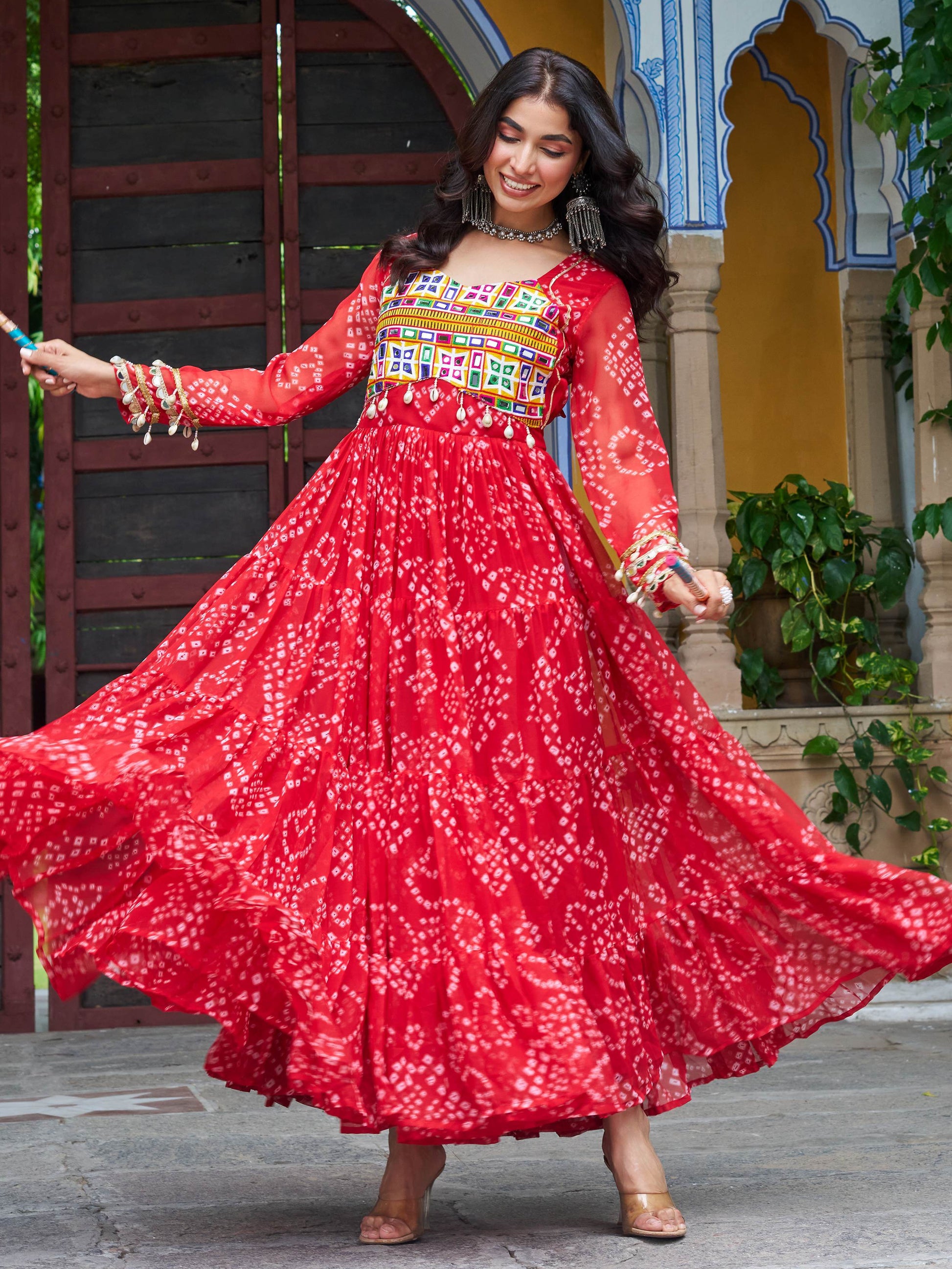 Elegant Red Bandhani Printed Georgette Navratri Wear Gown - Zeel Clothing