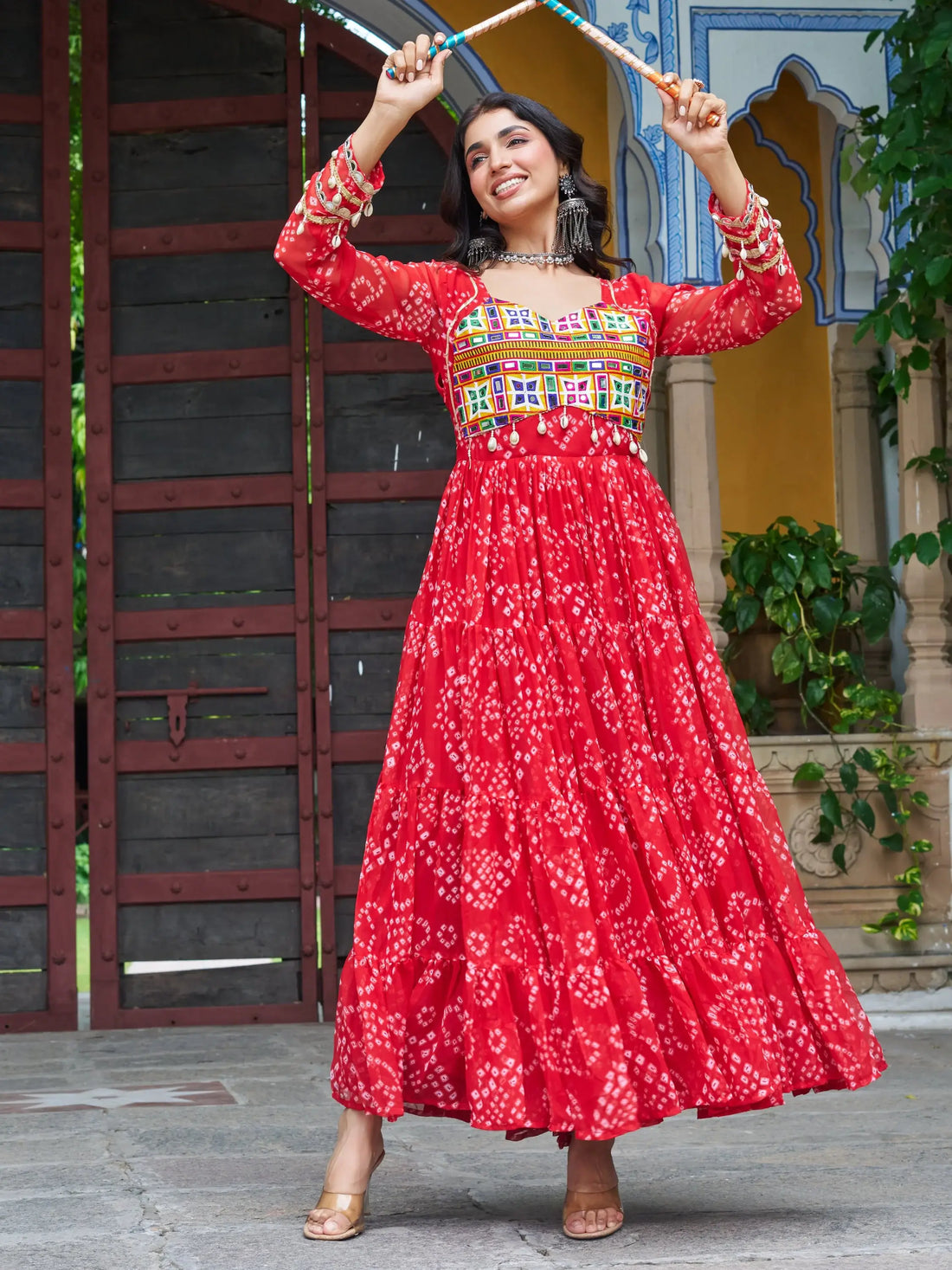 Elegant Red Bandhani Printed Georgette Navratri Wear Gown - Zeel Clothing