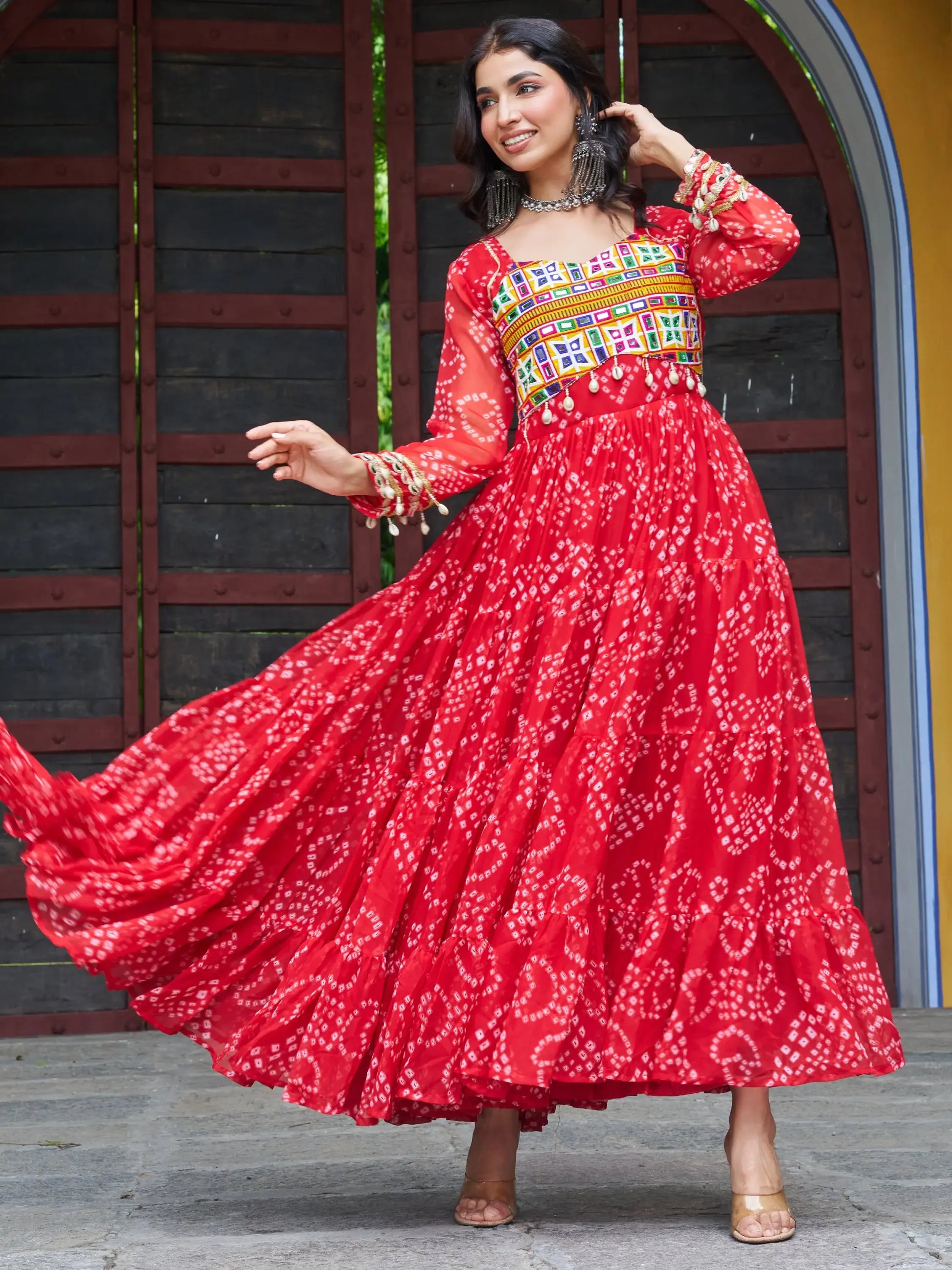 Elegant Red Bandhani Printed Georgette Navratri Wear Gown - Zeel Clothing