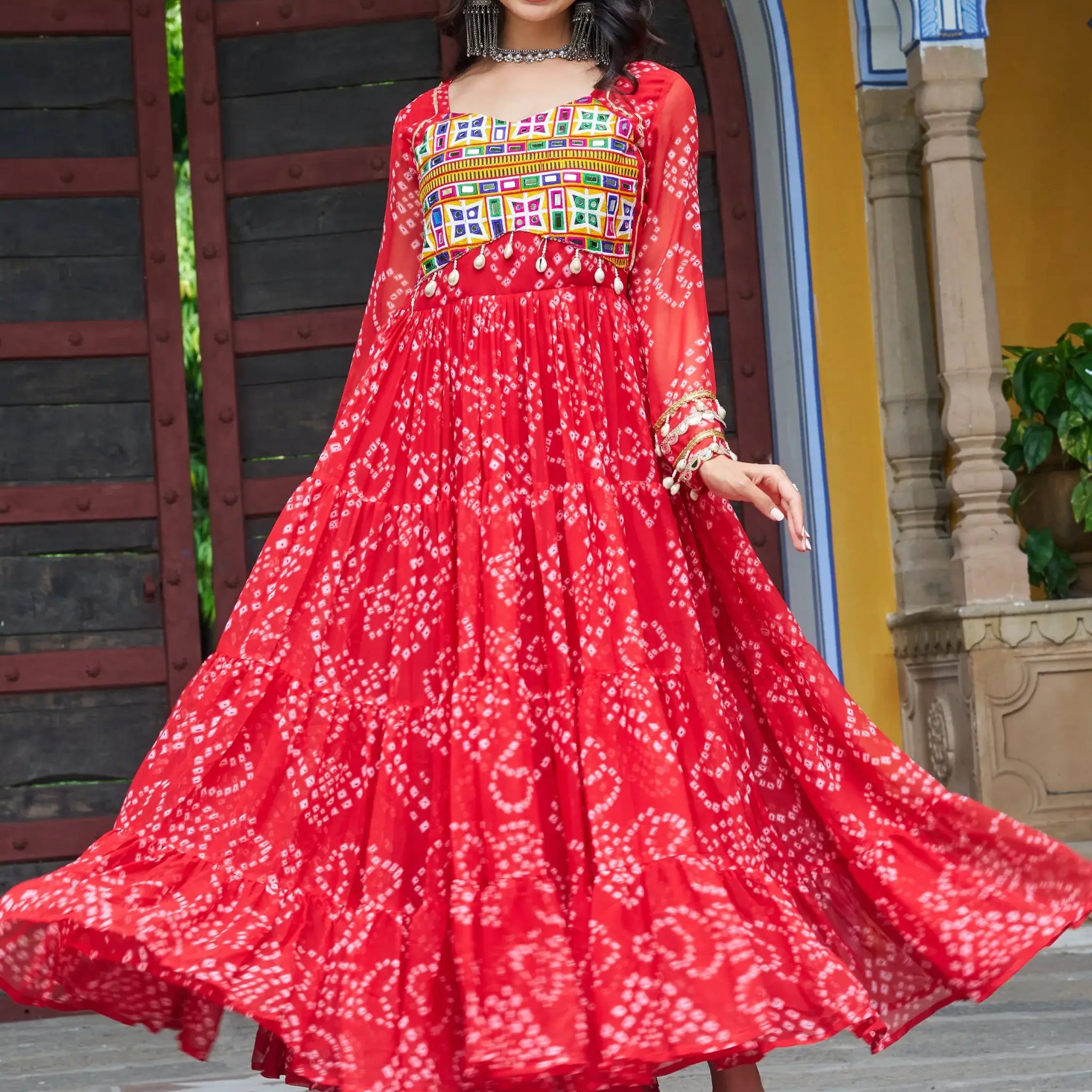 Elegant Red Bandhani Printed Georgette Navratri Wear Gown - Zeel Clothing