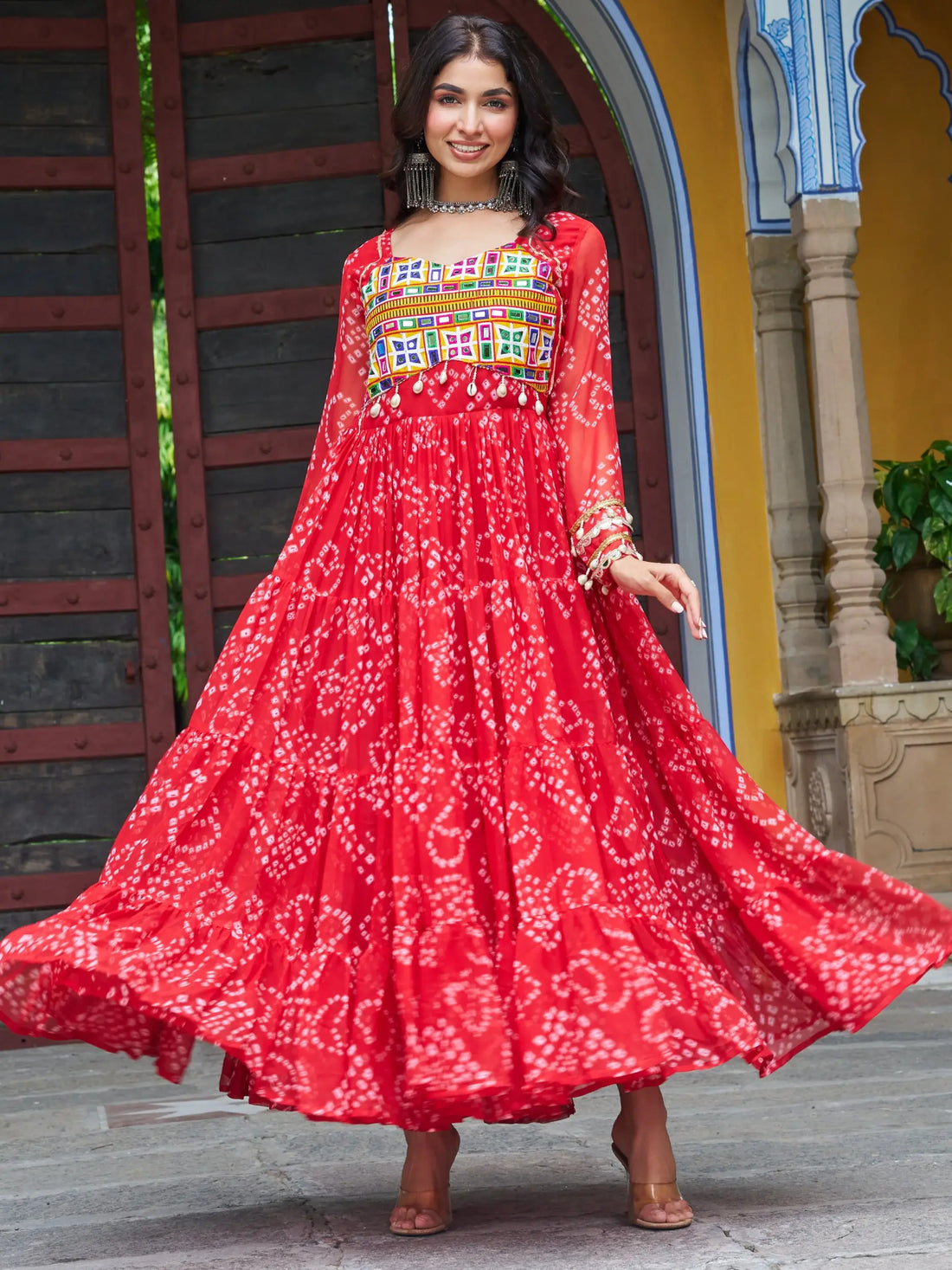 Elegant Red Bandhani Printed Georgette Navratri Wear Gown - Zeel Clothing