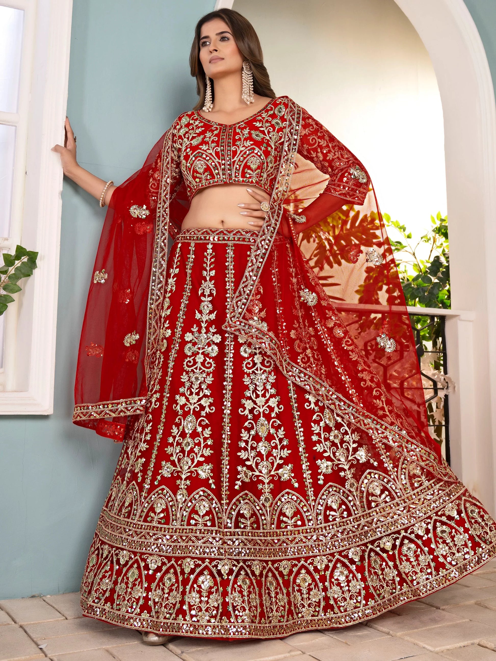Elegant Red Coding Work Net Bridal Wear Lehenga Choli With Dupatta - Zeel Clothing