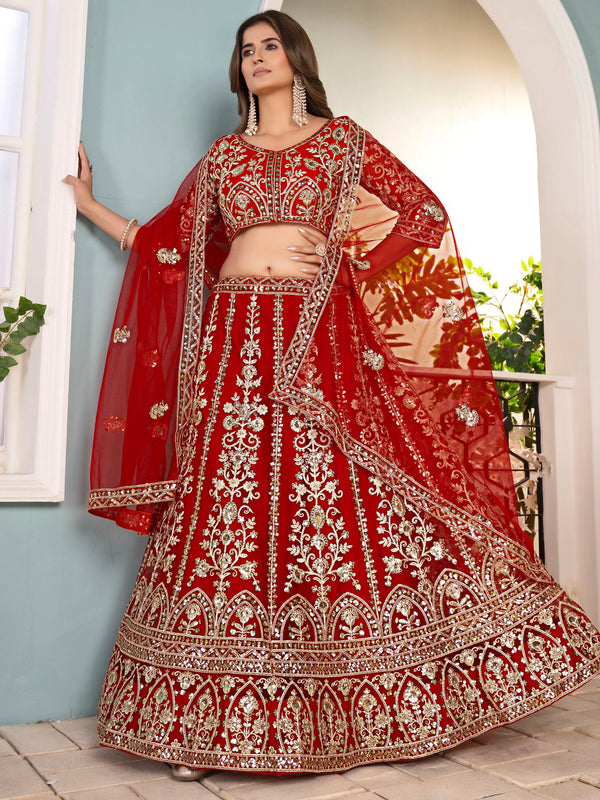 Elegant Red Coding Work Net Bridal Wear Lehenga Choli With Dupatta - Zeel Clothing