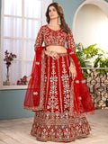 Elegant Red Coding Work Net Bridal Wear Lehenga Choli With Dupatta - Zeel Clothing