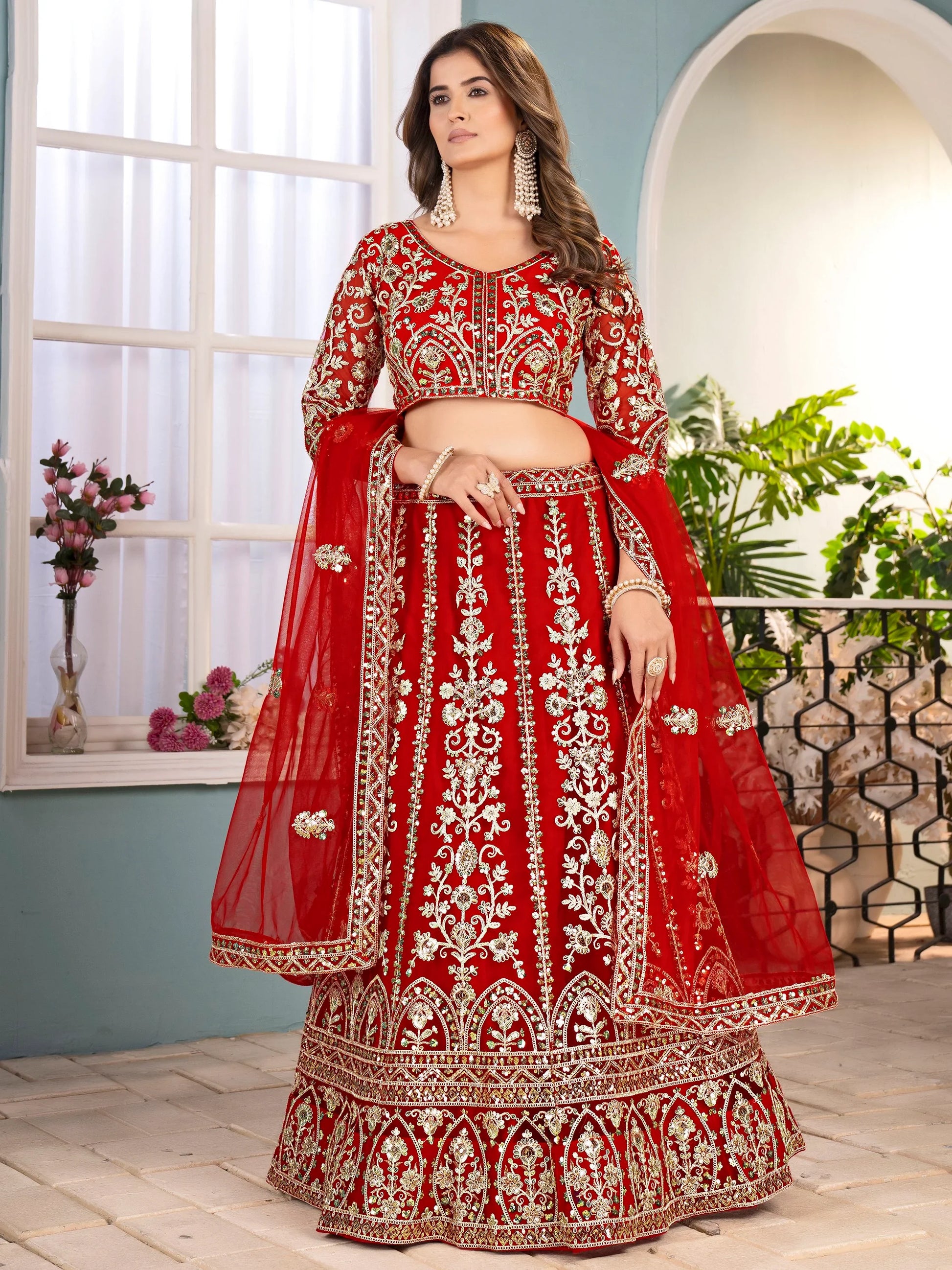 Elegant Red Coding Work Net Bridal Wear Lehenga Choli With Dupatta - Zeel Clothing