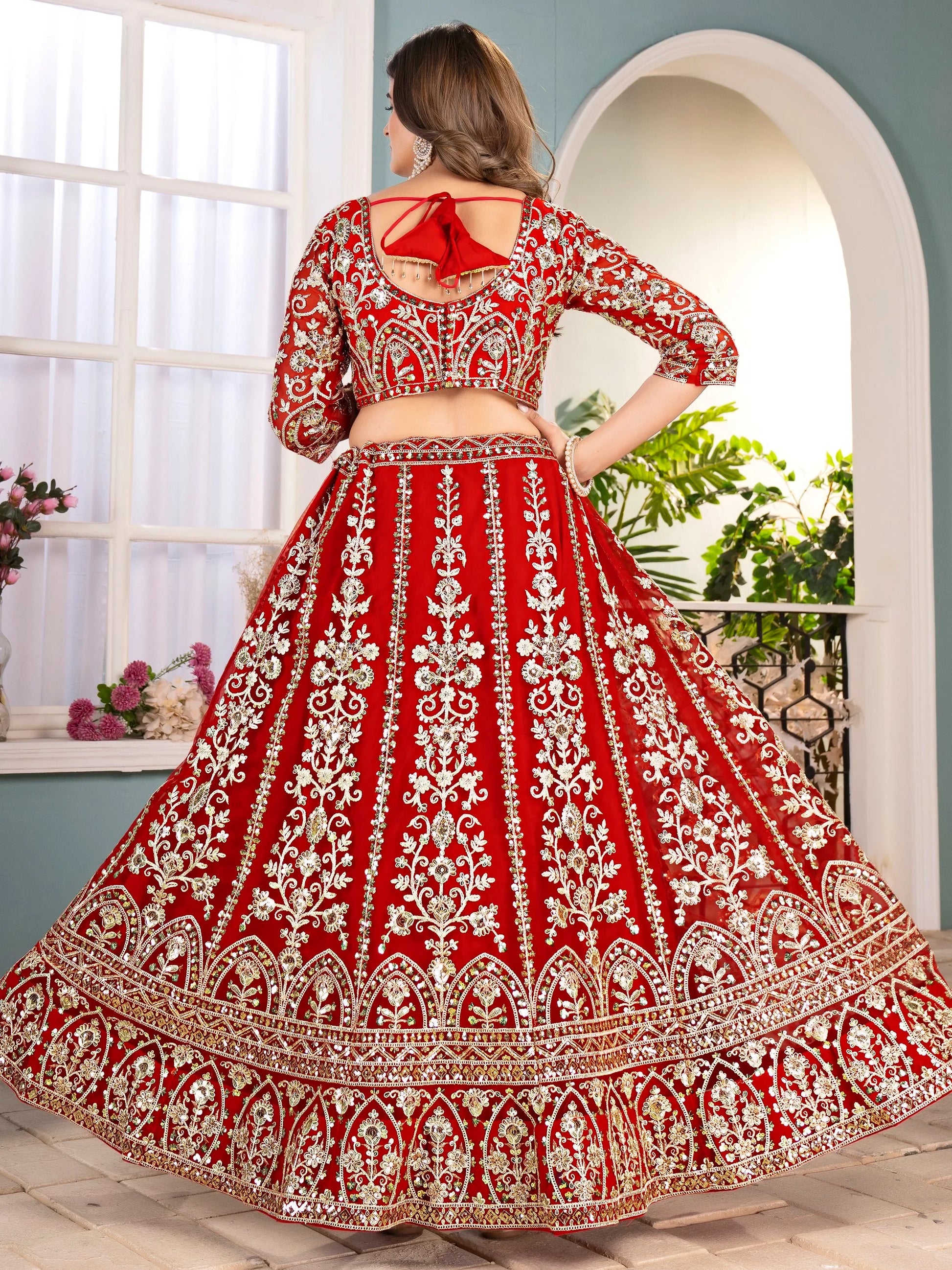 Elegant Red Coding Work Net Bridal Wear Lehenga Choli With Dupatta - Zeel Clothing