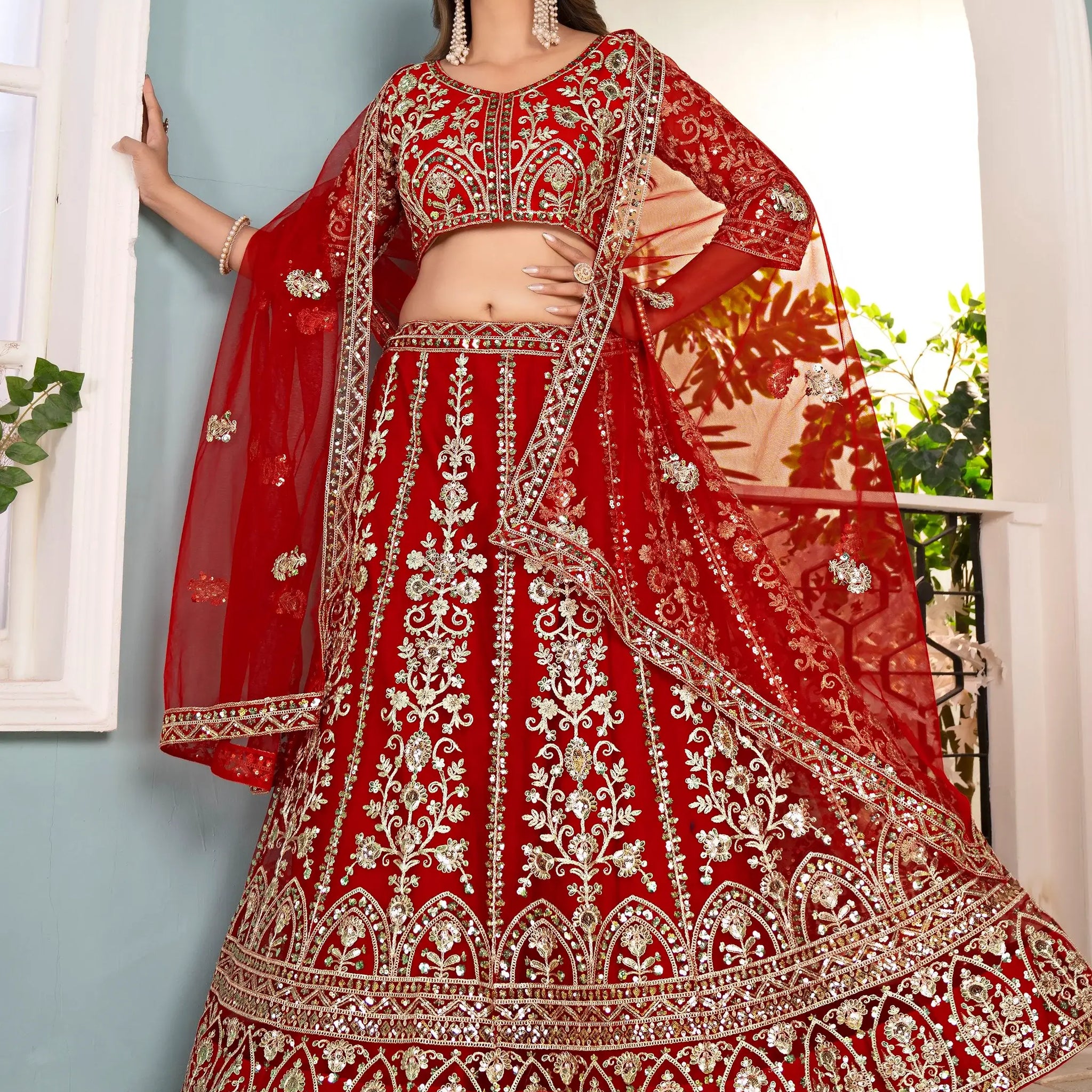 Elegant Red Coding Work Net Bridal Wear Lehenga Choli With Dupatta - Zeel Clothing