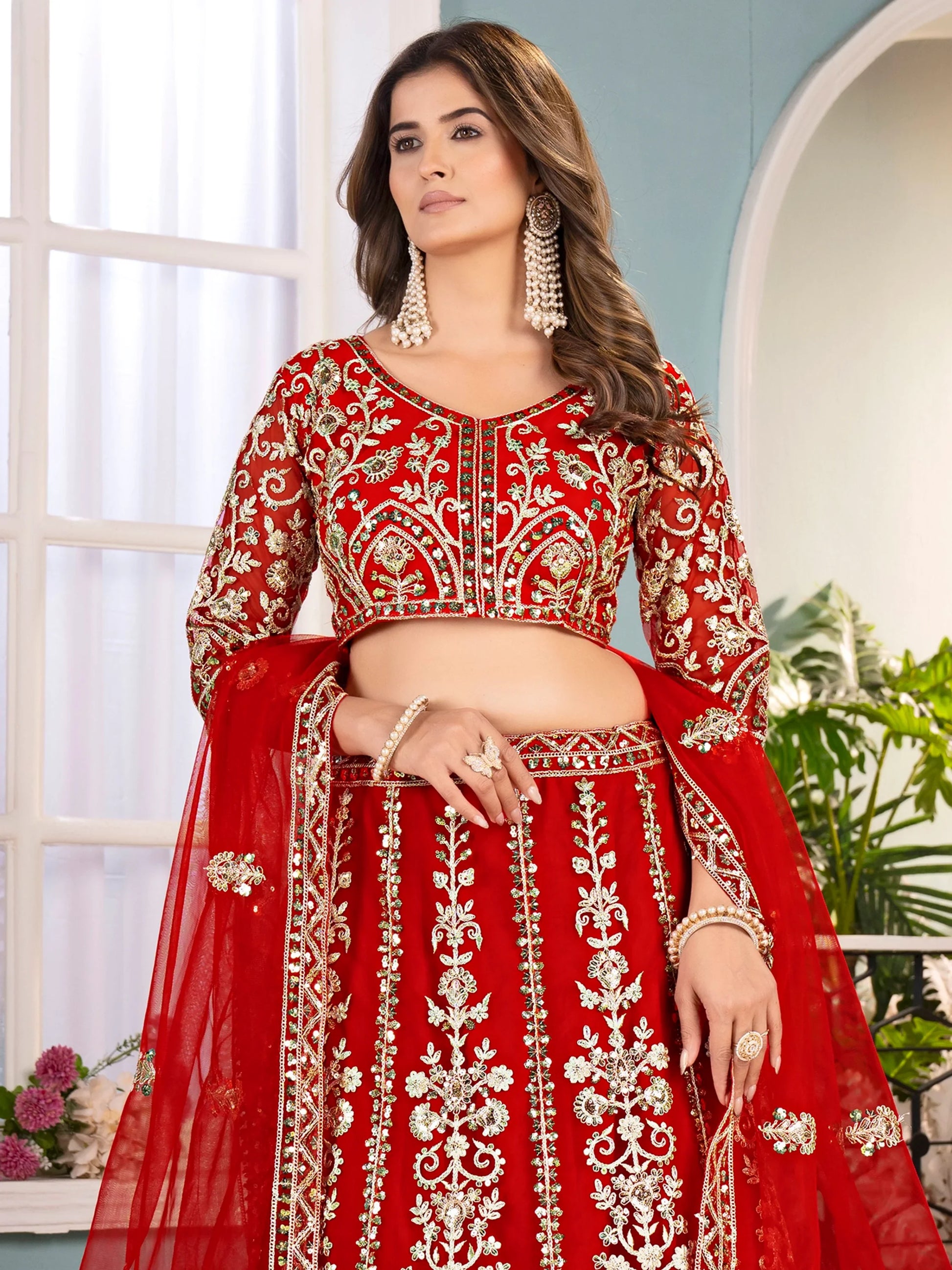 Elegant Red Coding Work Net Bridal Wear Lehenga Choli With Dupatta - Zeel Clothing
