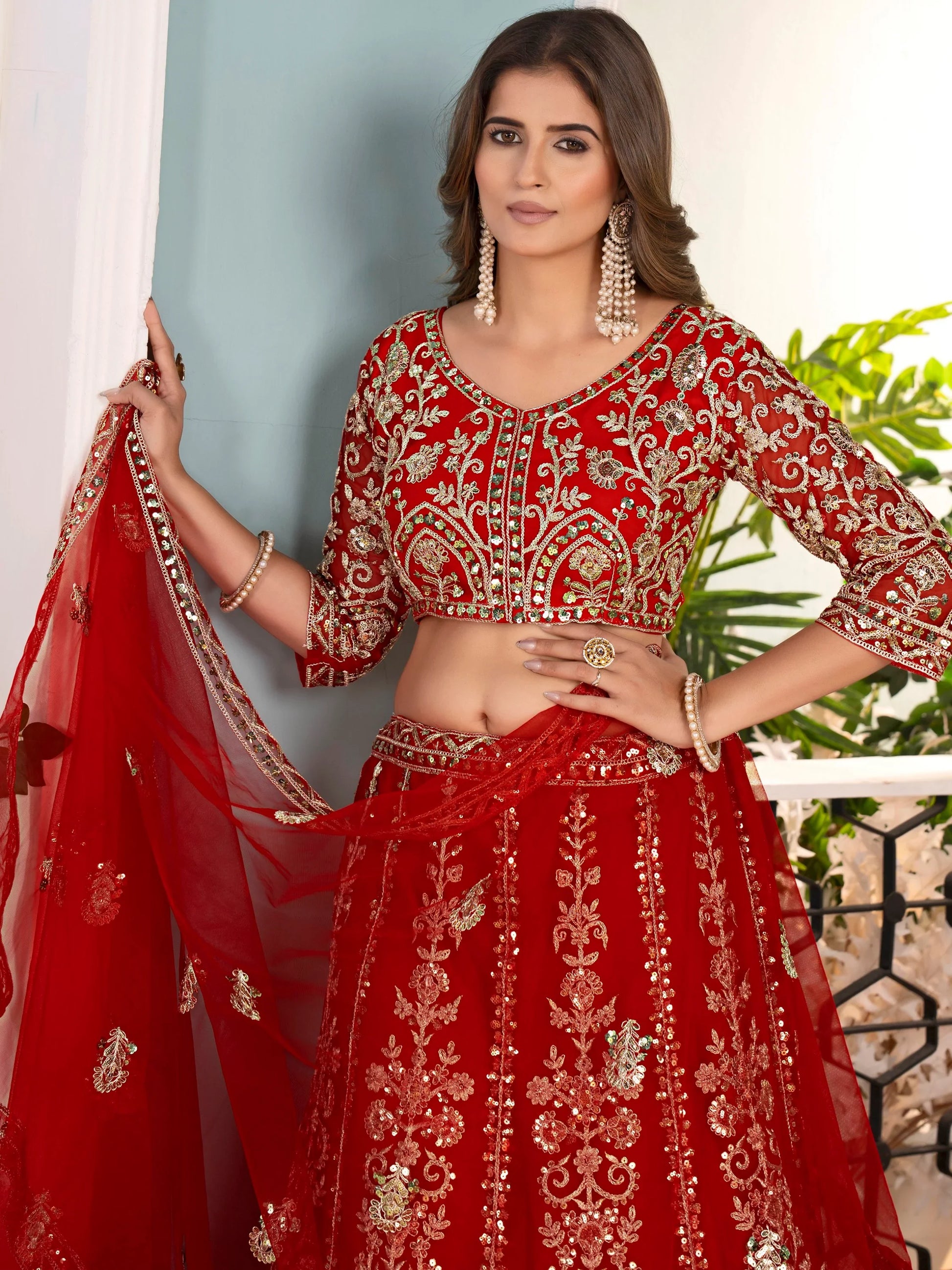 Elegant Red Coding Work Net Bridal Wear Lehenga Choli With Dupatta - Zeel Clothing