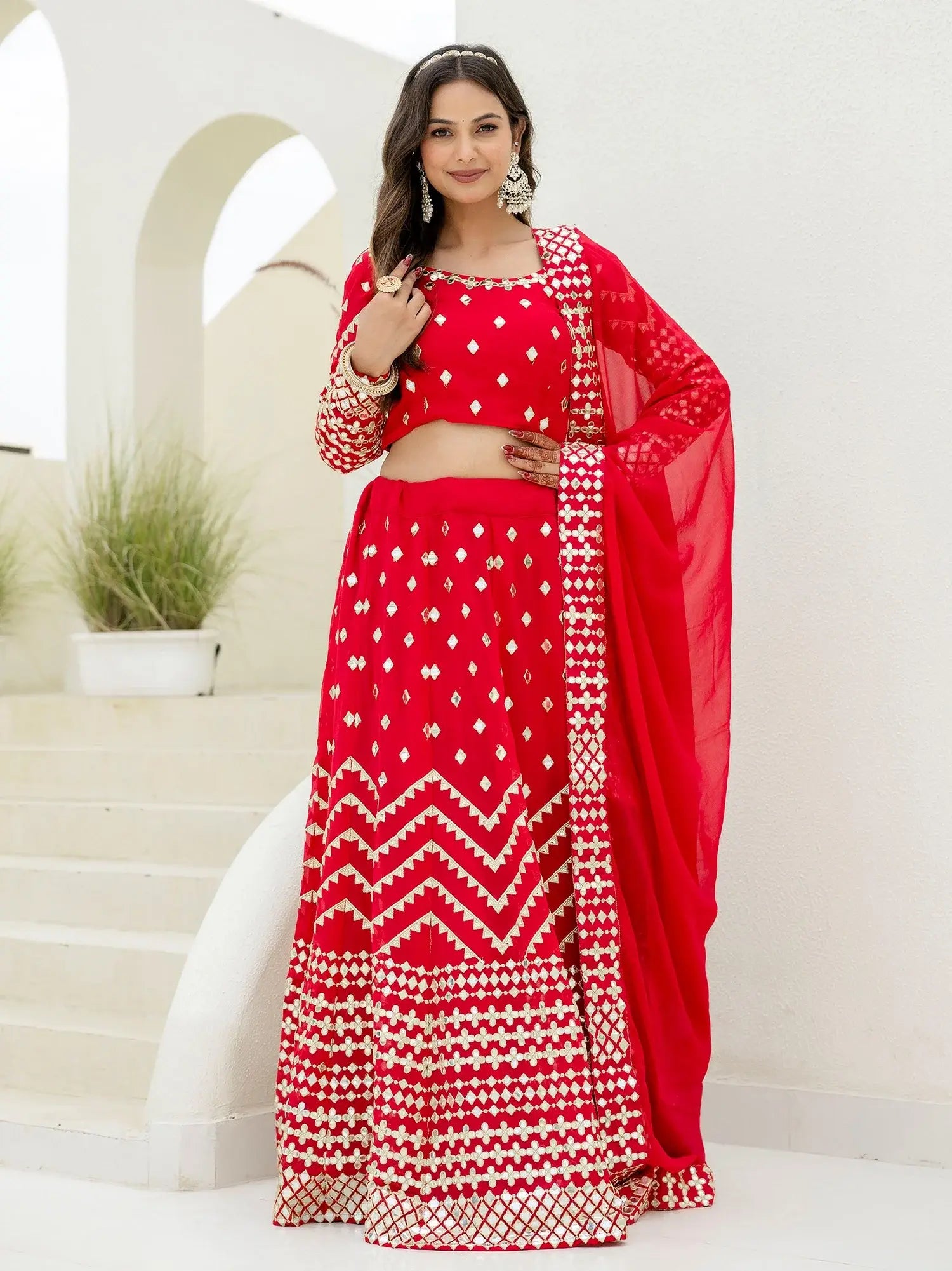 Elegant Red Foil Embroidery Georgette Reception Wear Lehenga Choli - Zeel Clothing
