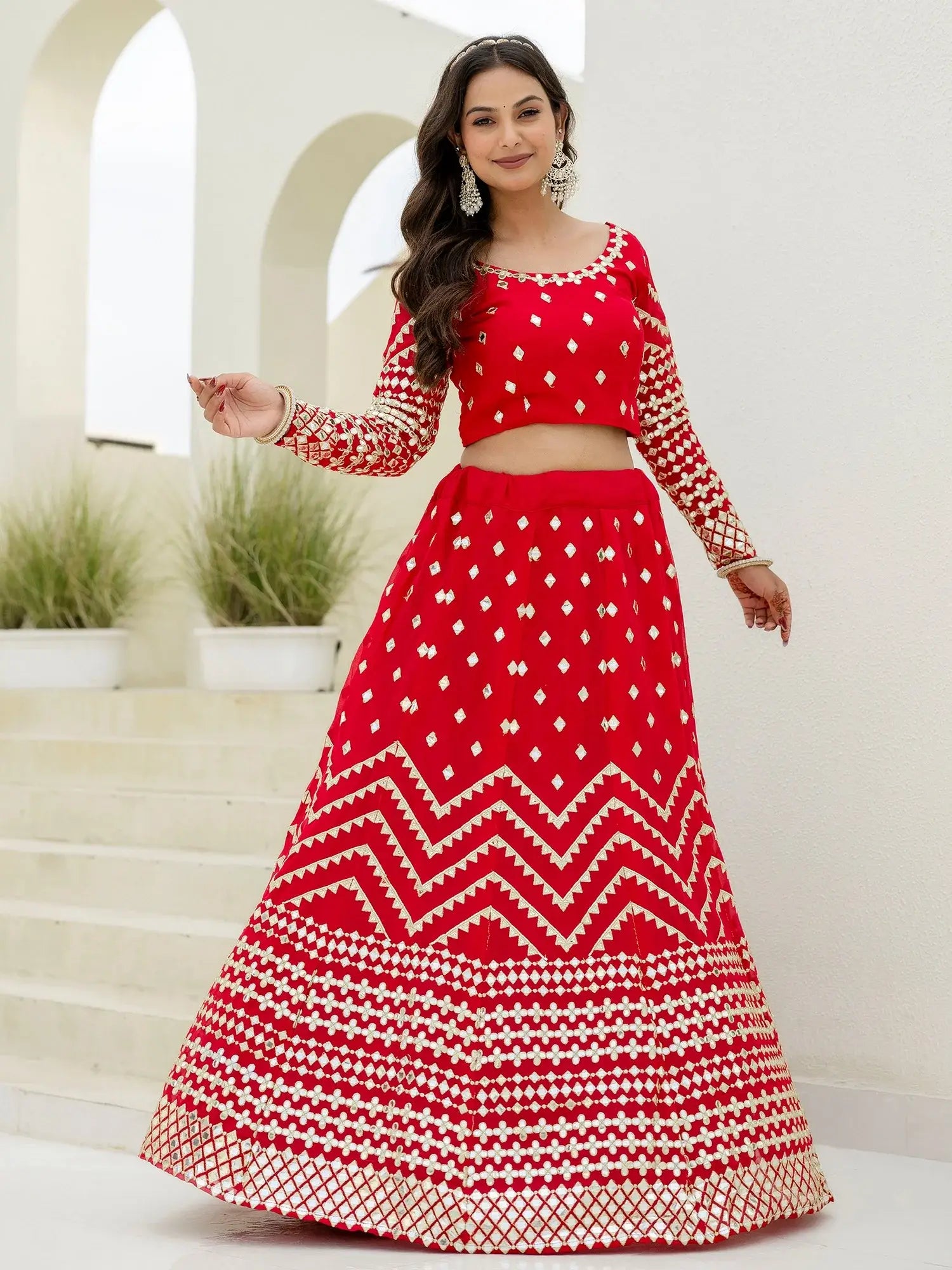 Elegant Red Foil Embroidery Georgette Reception Wear Lehenga Choli - Zeel Clothing