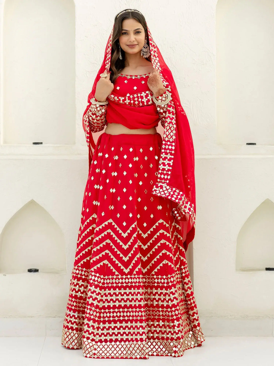 Elegant Red Foil Embroidery Georgette Reception Wear Lehenga Choli - Zeel Clothing