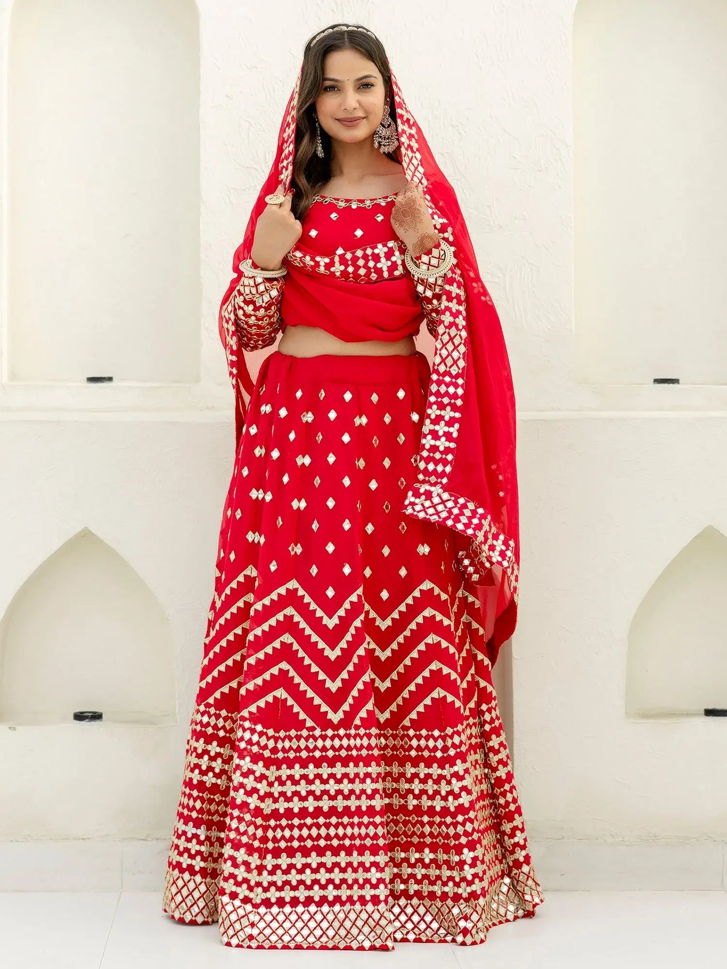 Elegant Red Foil Embroidery Georgette Reception Wear Lehenga Choli - Zeel Clothing