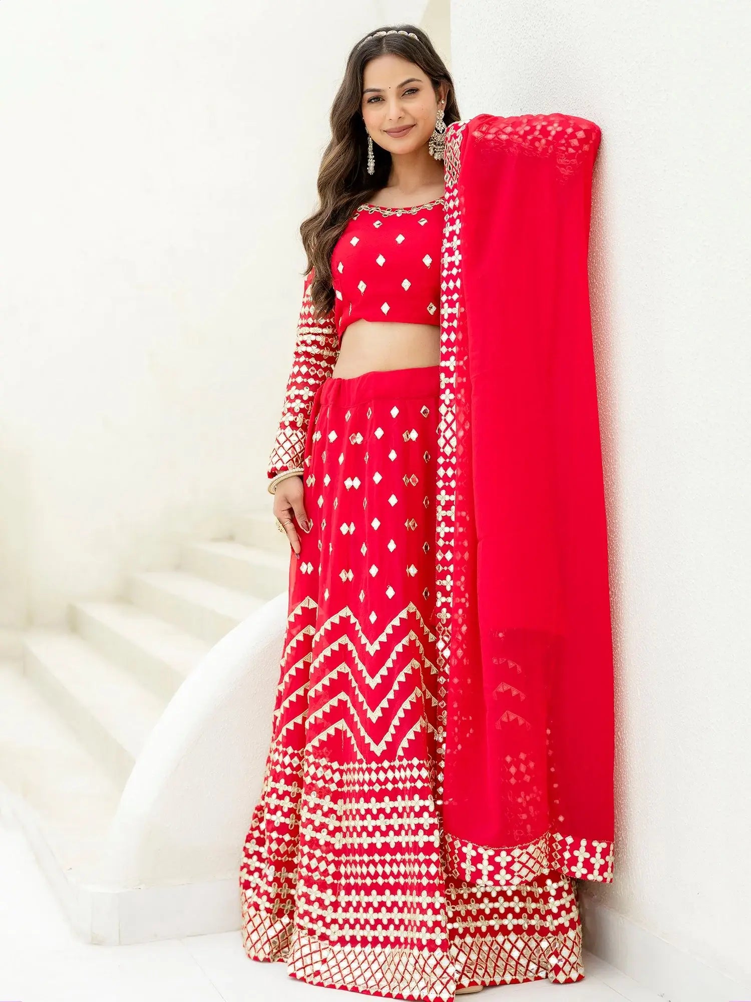Elegant Red Foil Embroidery Georgette Reception Wear Lehenga Choli - Zeel Clothing