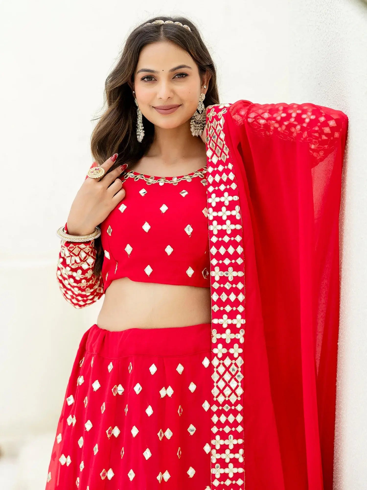 Elegant Red Foil Embroidery Georgette Reception Wear Lehenga Choli - Zeel Clothing