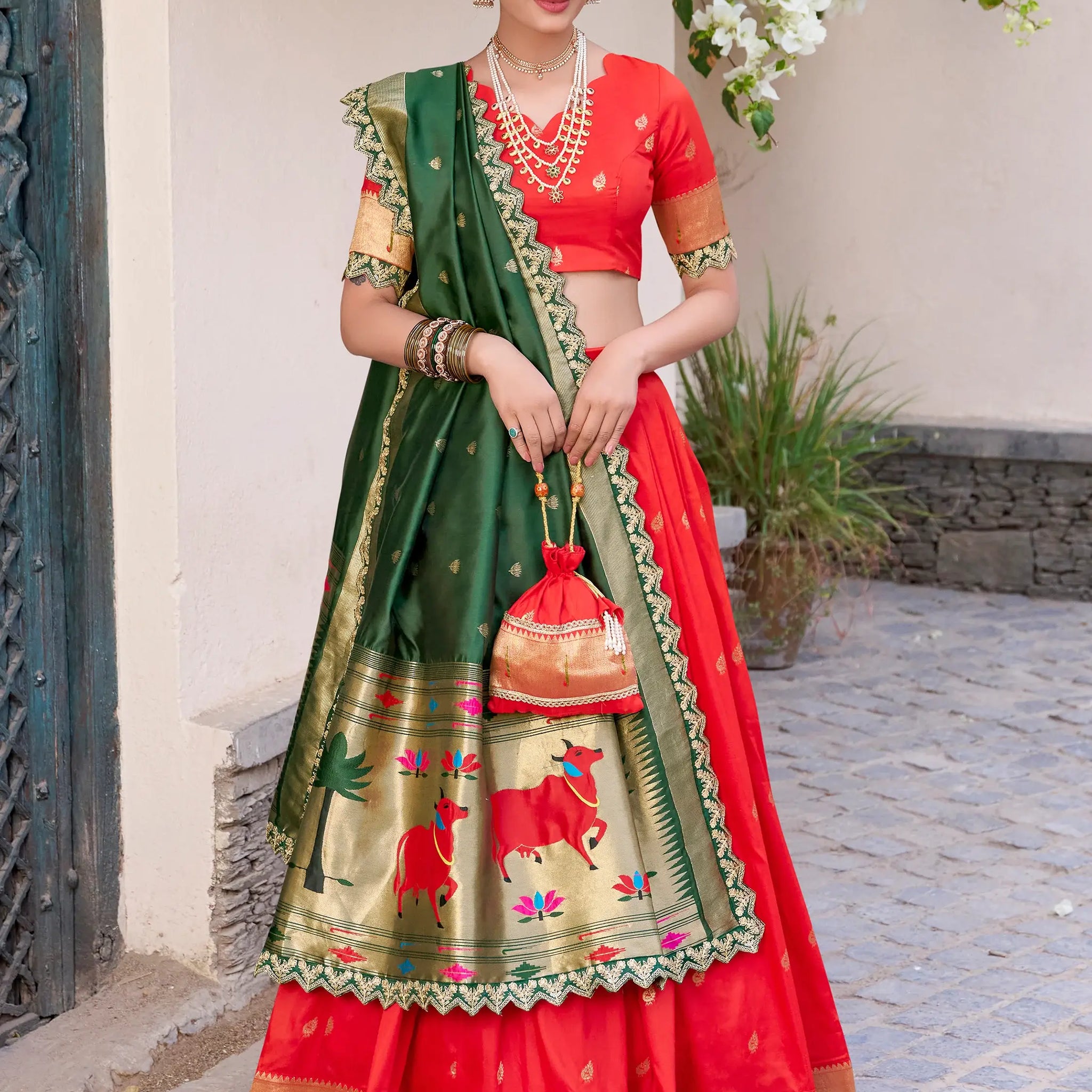 Elegant Red Zari Weaving Silk Traditional Lehenga Choli With Dupatta - Zeel Clothing