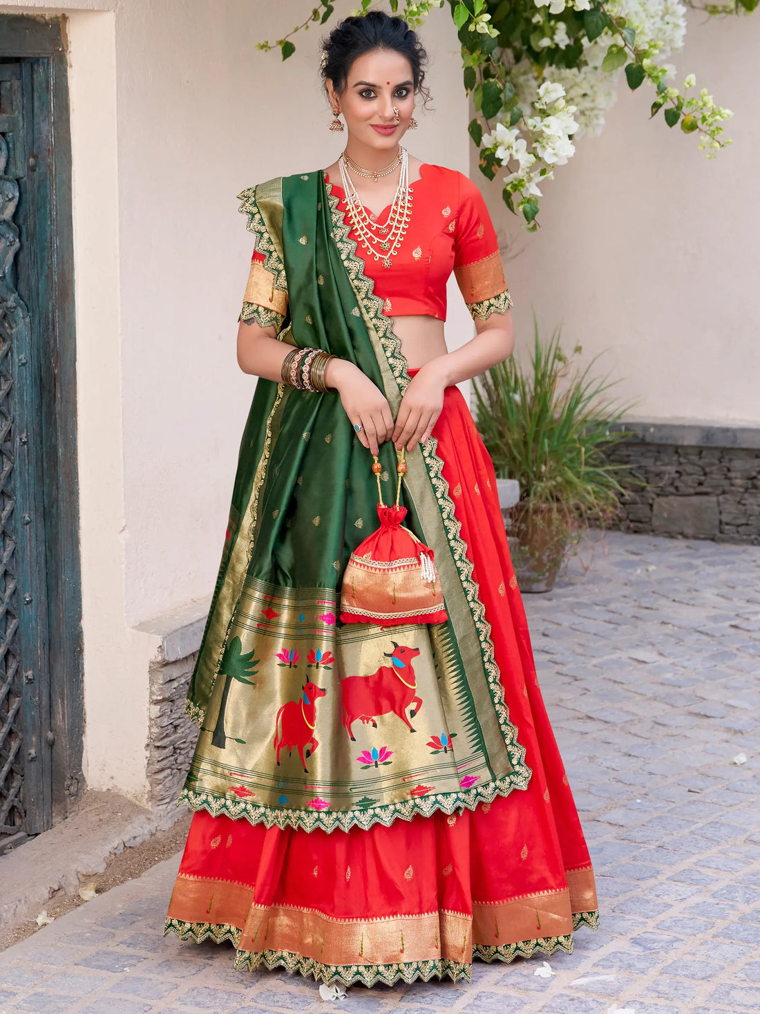Elegant Red Zari Weaving Silk Traditional Lehenga Choli With Dupatta - Zeel Clothing