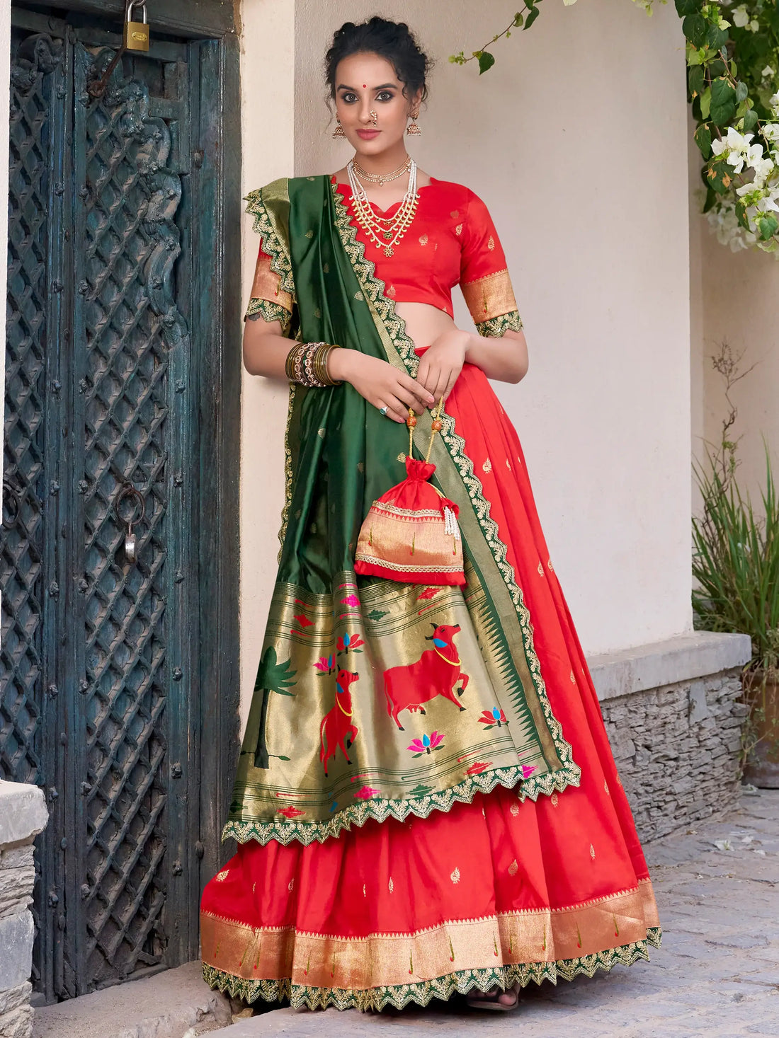 Elegant Red Zari Weaving Silk Traditional Lehenga Choli With Dupatta - Zeel Clothing