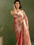 Elegant Rose Gold Lace Bordered Chiffon Reception Ready To Wear Saree - Zeel Clothing