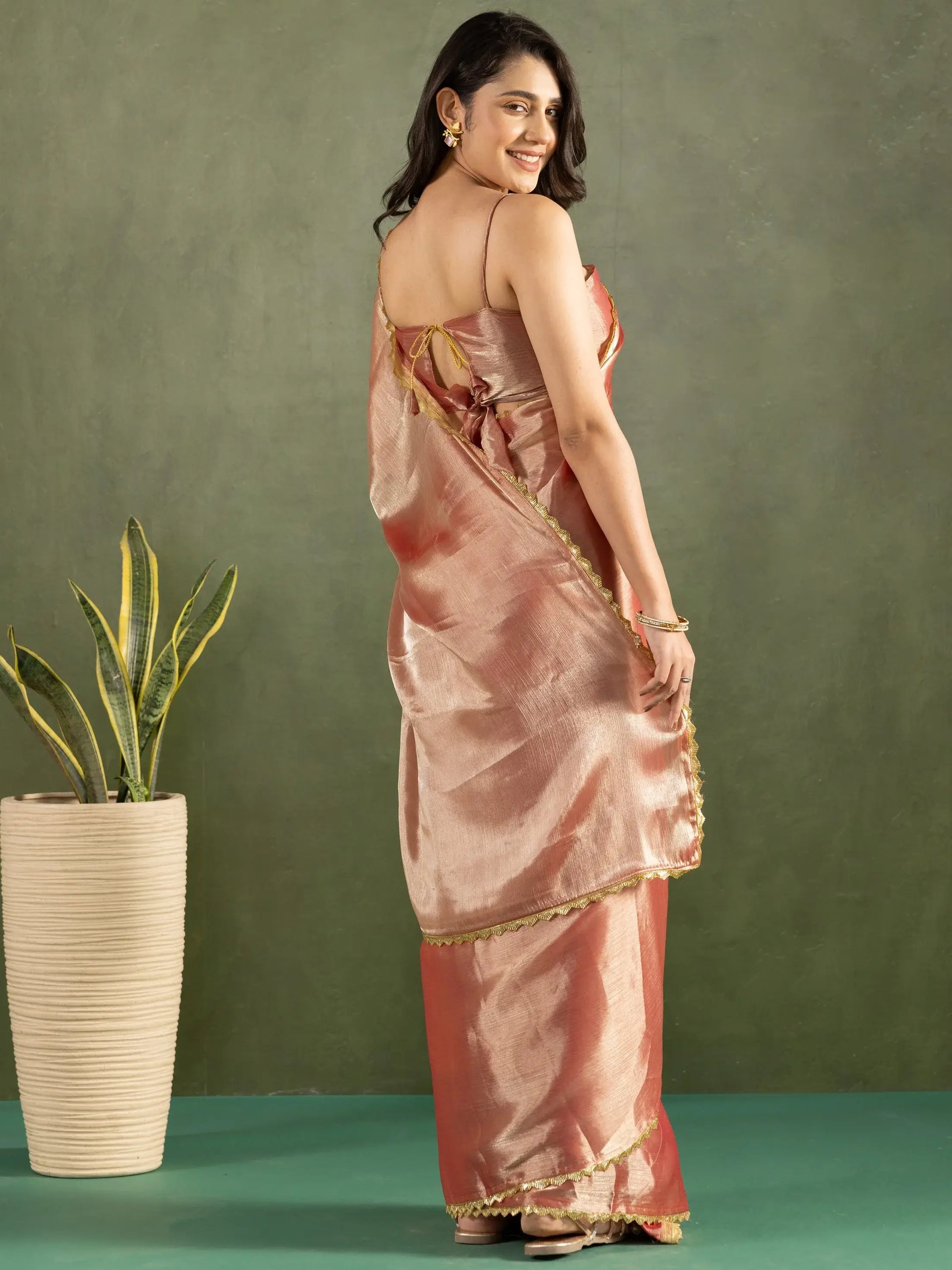 Elegant Rose Gold Lace Bordered Chiffon Reception Ready To Wear Saree - Zeel Clothing