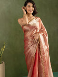 Elegant Rose Gold Lace Bordered Chiffon Reception Ready To Wear Saree - Zeel Clothing