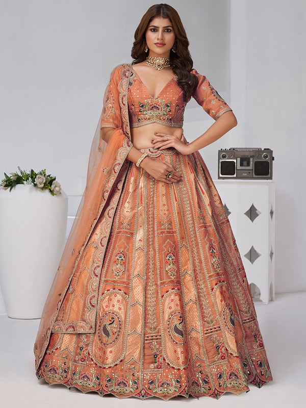 Elegant Rust Orange Embroidered Banarasi Silk Traditional Lehenga Choli