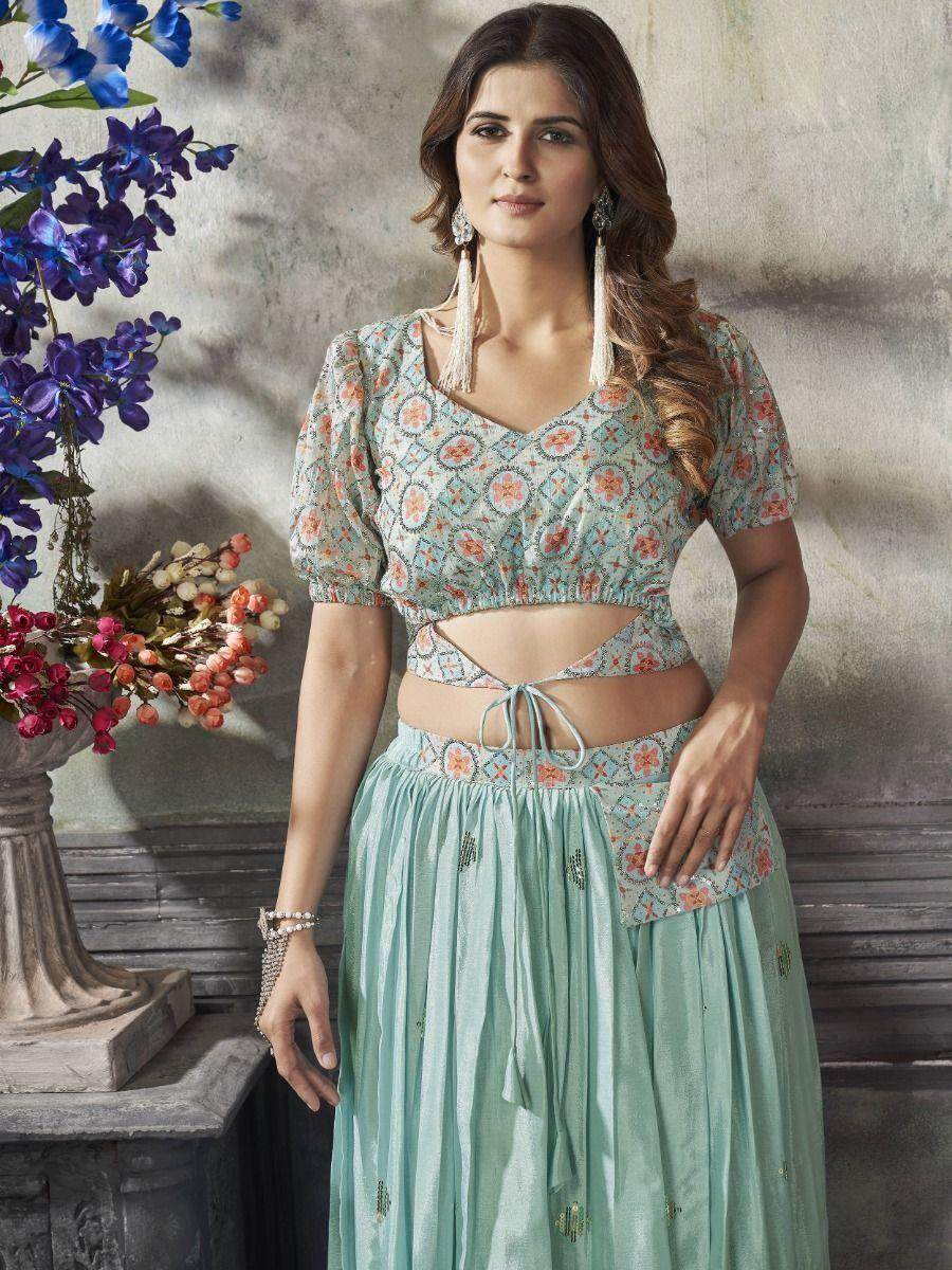 Elegant Sea Green Sequins Work Silk Ready-Made Crop Top Lehenga - Zeel Clothing