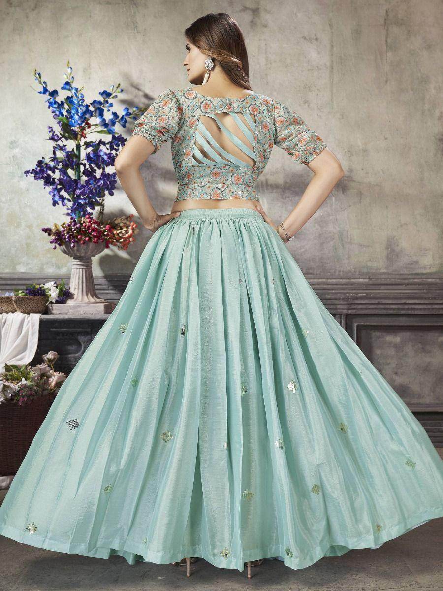 Elegant Sea Green Sequins Work Silk Ready-Made Crop Top Lehenga - Zeel Clothing