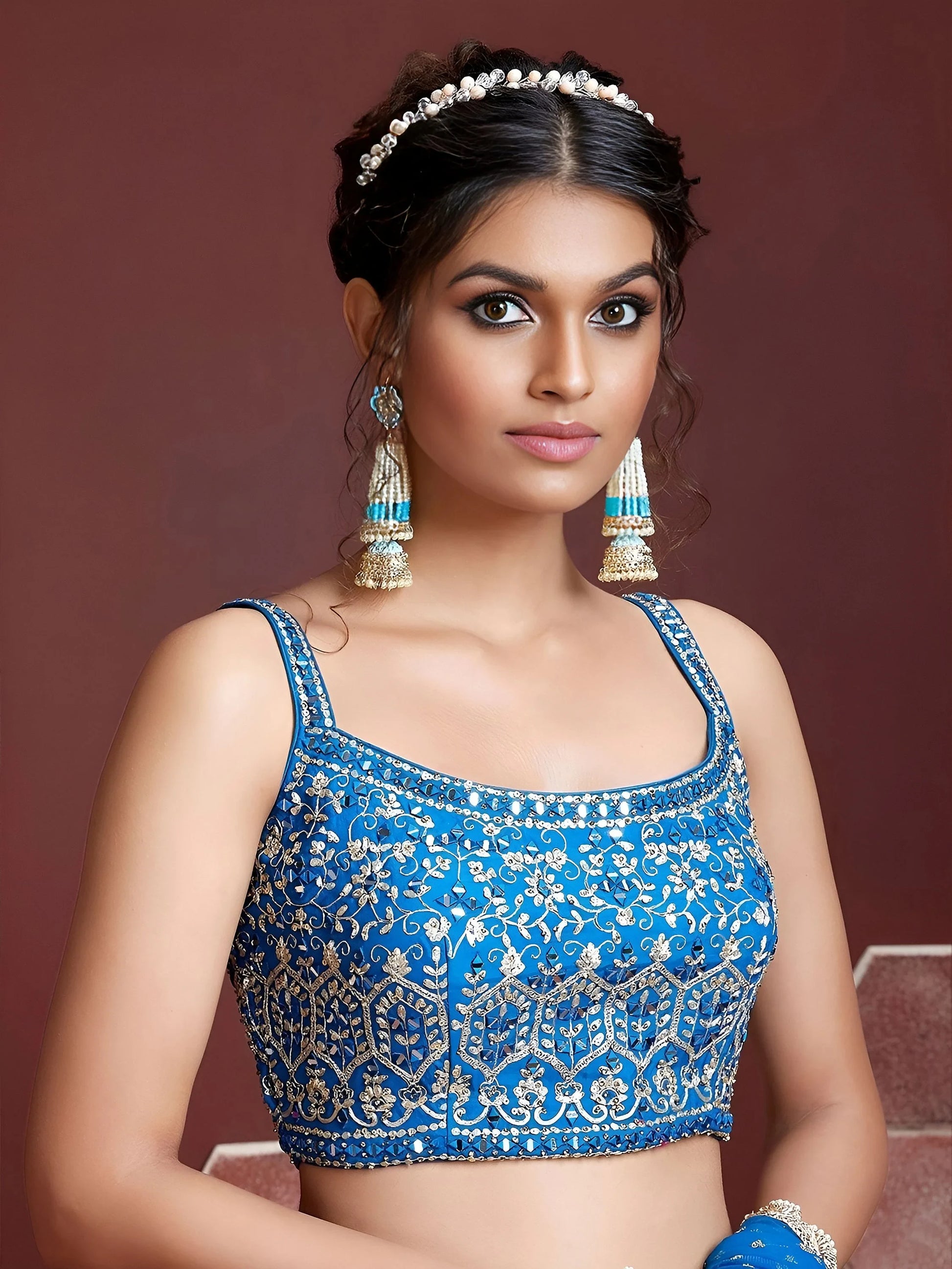 Elegant Sky Blue Fancy Printed Chinon Silk Lehenga Choli With Dupatta