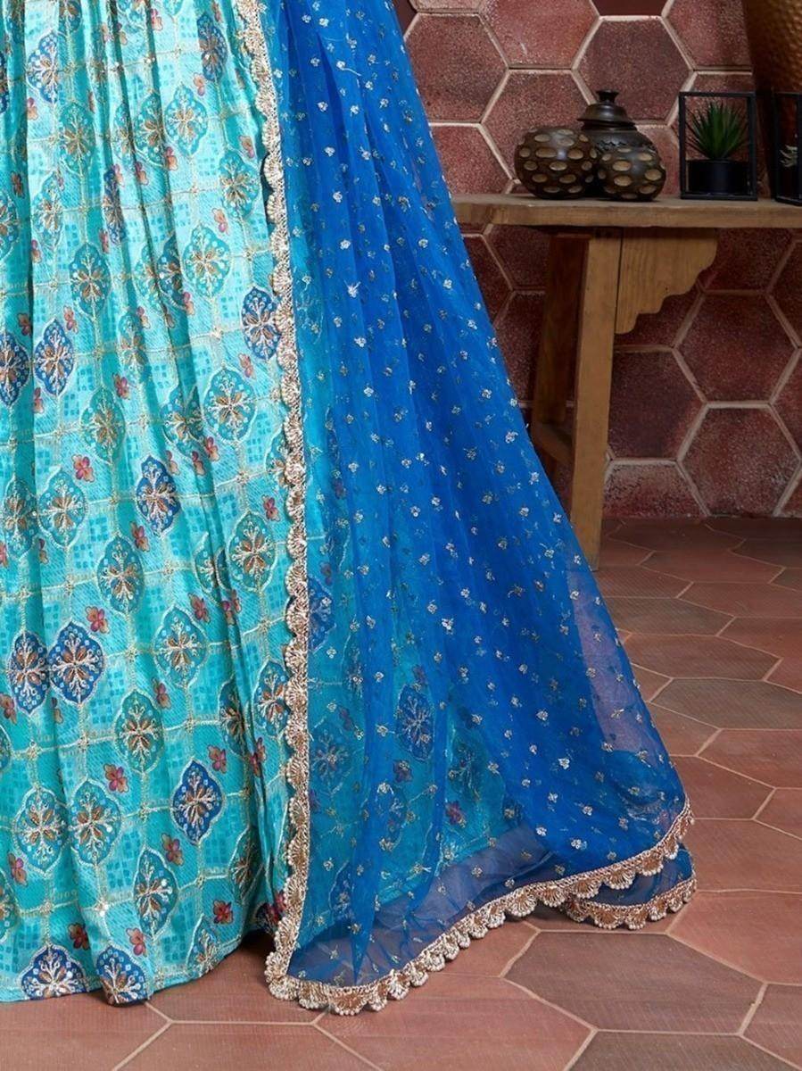 Elegant Sky Blue Fancy Printed Chinon Silk Lehenga Choli With Dupatta - Zeel Clothing