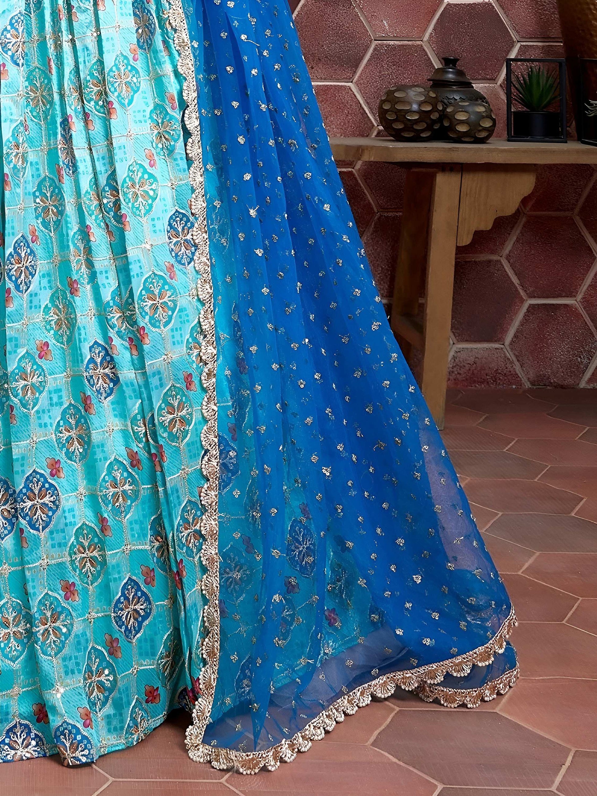Elegant Sky Blue Fancy Printed Chinon Silk Lehenga Choli With Dupatta