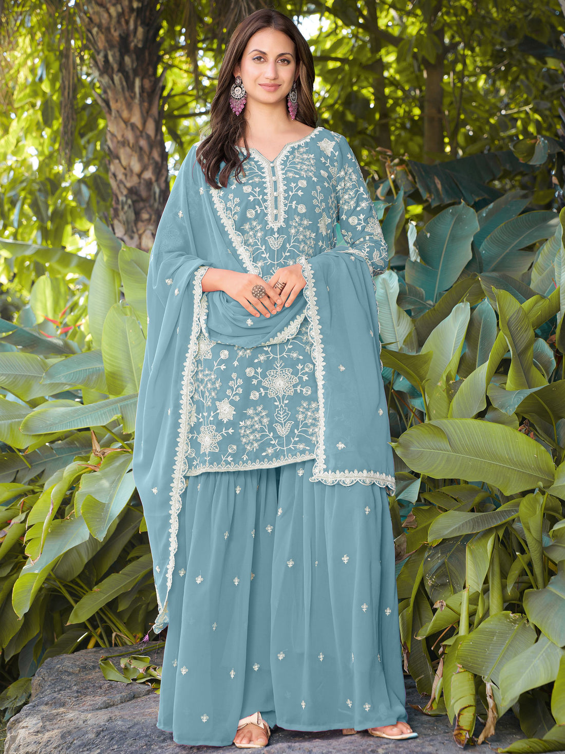 Elegant Sky Blue Heavy Embroidery Georgette Designer Palazzo Suit