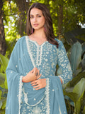 Elegant Sky Blue Heavy Embroidery Georgette Designer Palazzo Suit