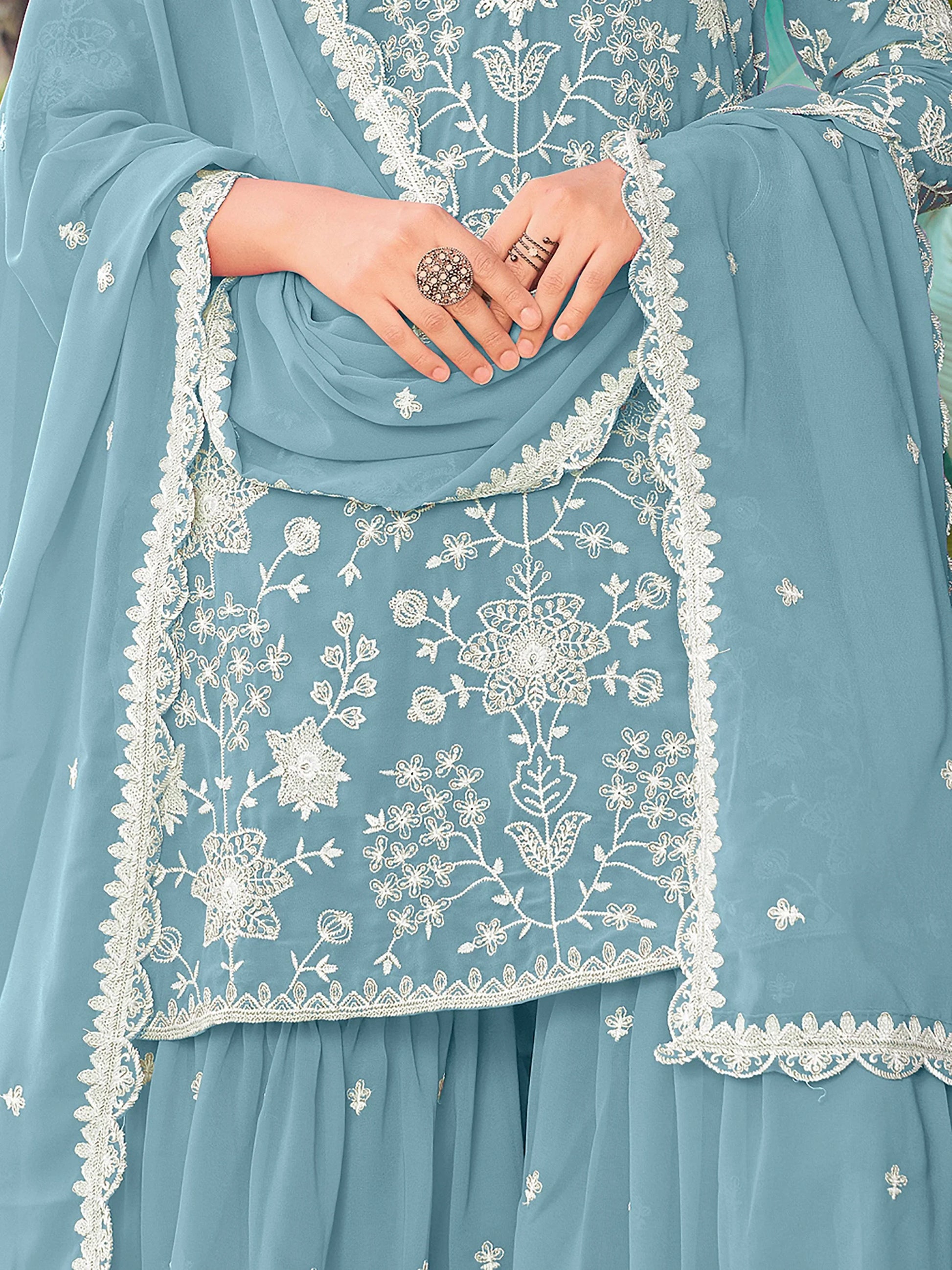 Elegant Sky Blue Heavy Embroidery Georgette Designer Palazzo Suit