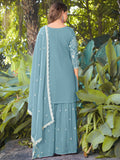 Elegant Sky Blue Heavy Embroidery Georgette Designer Palazzo Suit