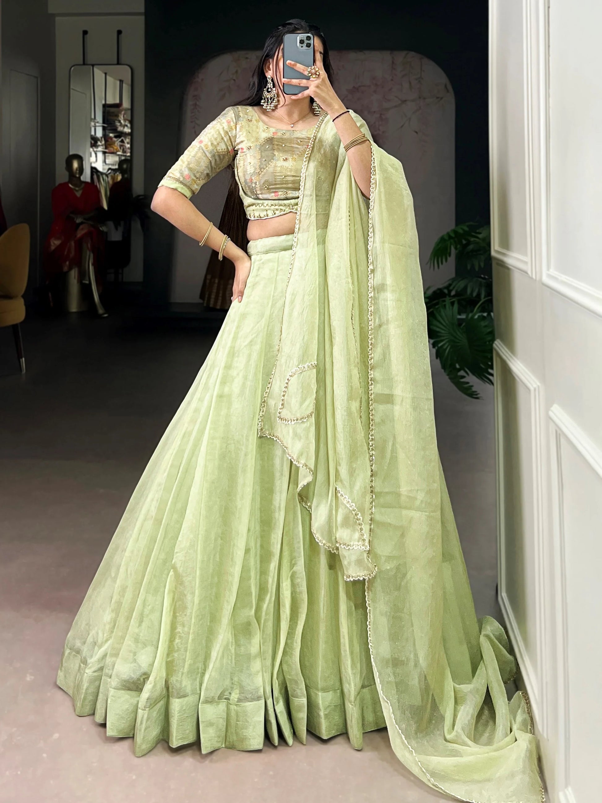 Elegant Tea Green Crush Silk Mehendi Wear Lehenga With Bead Work Choli