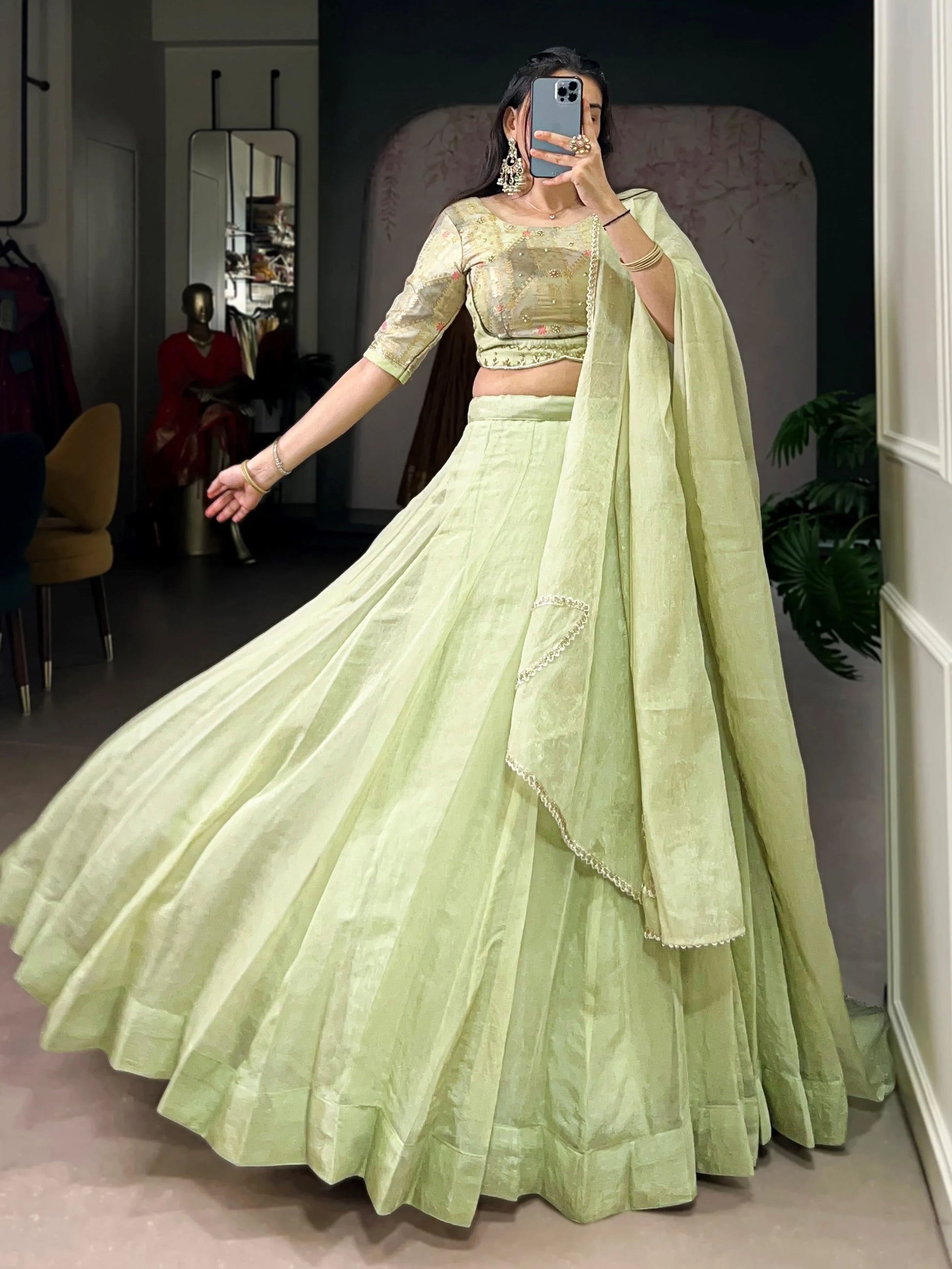 Elegant Tea Green Crush Silk Mehendi Wear Lehenga With Bead Work Choli