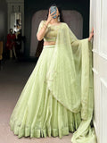 Elegant Tea Green Crush Silk Mehendi Wear Lehenga With Bead Work Choli