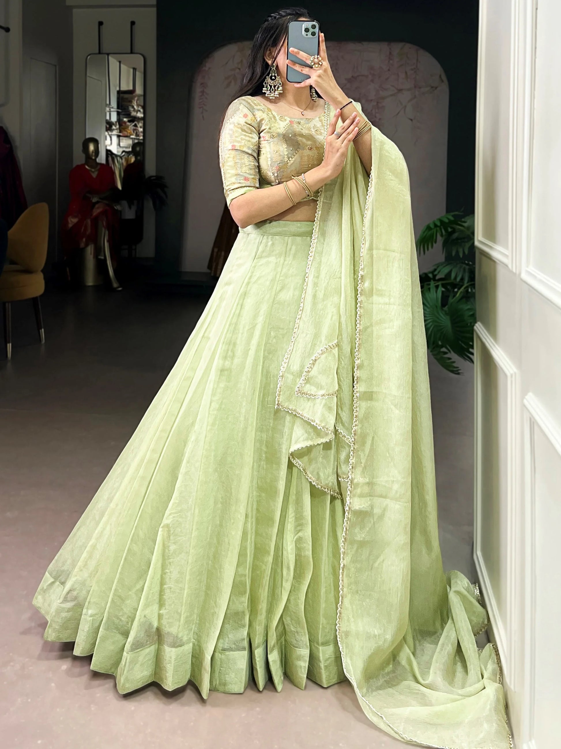 Elegant Tea Green Crush Silk Mehendi Wear Lehenga With Bead Work Choli